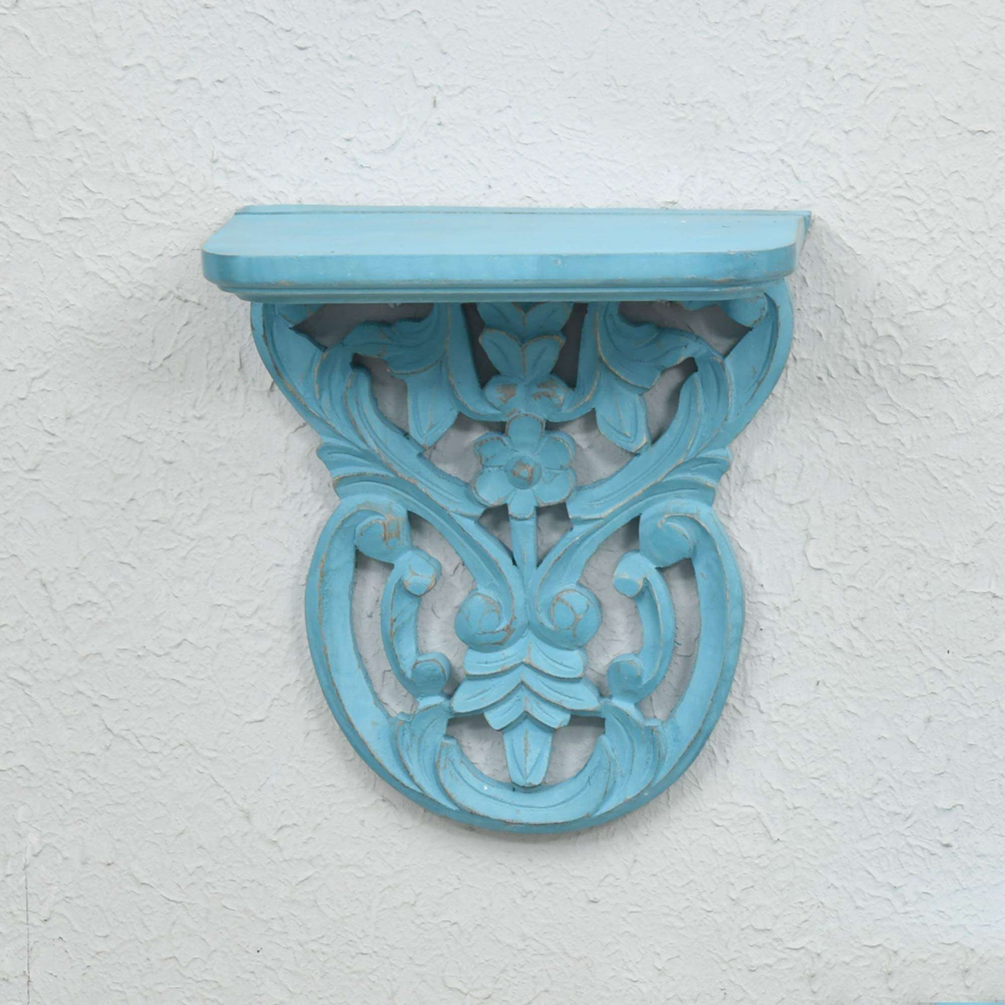 WOODENCLAVE Handcarved Solid Wood Jali Floral Design Wall Mounted Floating Shelf Wooden Wall Brackets Shelves Set for Home Living Room Decor - (Distressed Blue) 4