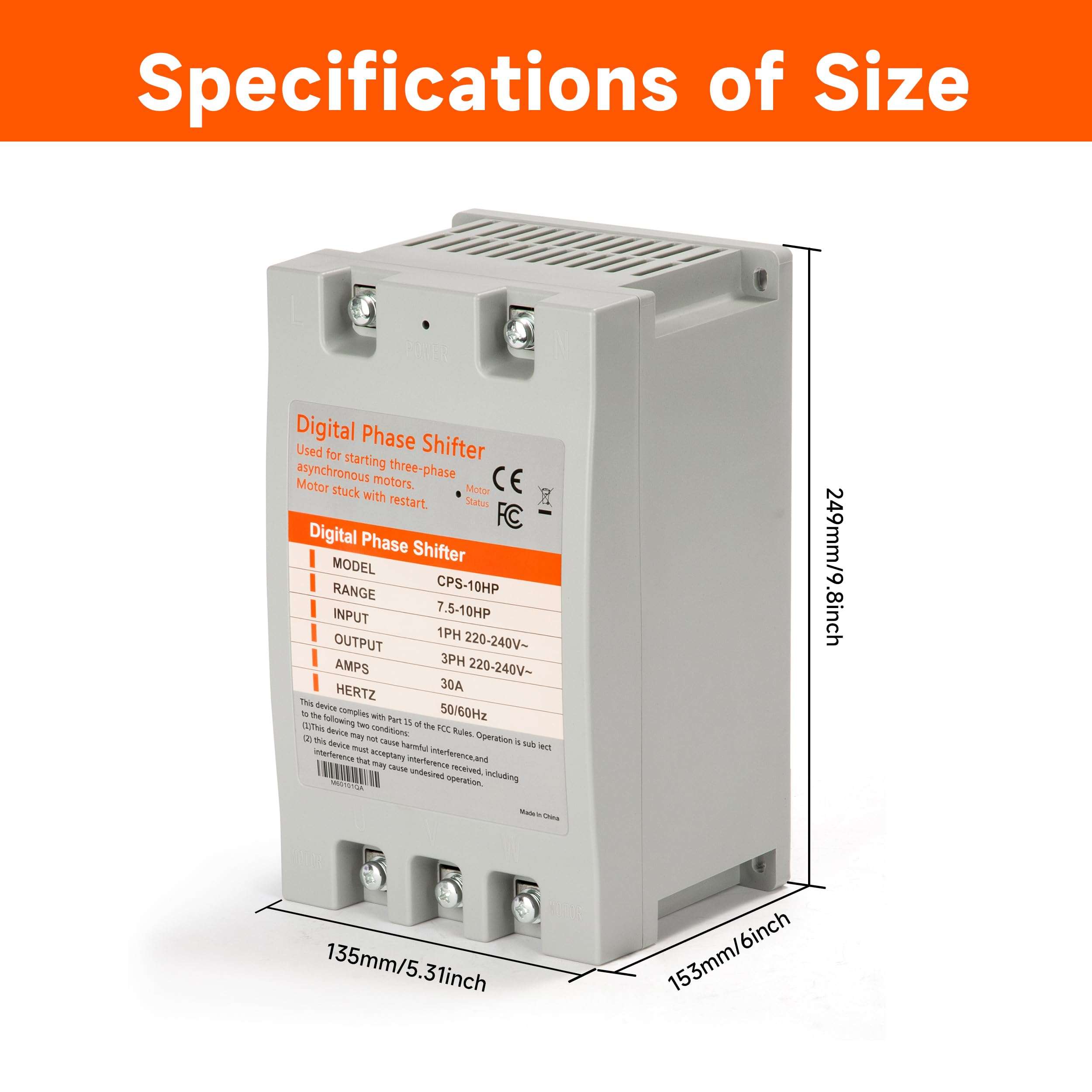 YMYP Single Phase to 3 Phase Converter - 7.5HP 23A 220V, Digital Phase Shifter for Residential and Light Commercial Use, 220V-240V Input/Output (One Converter for One Motor Only) 6
