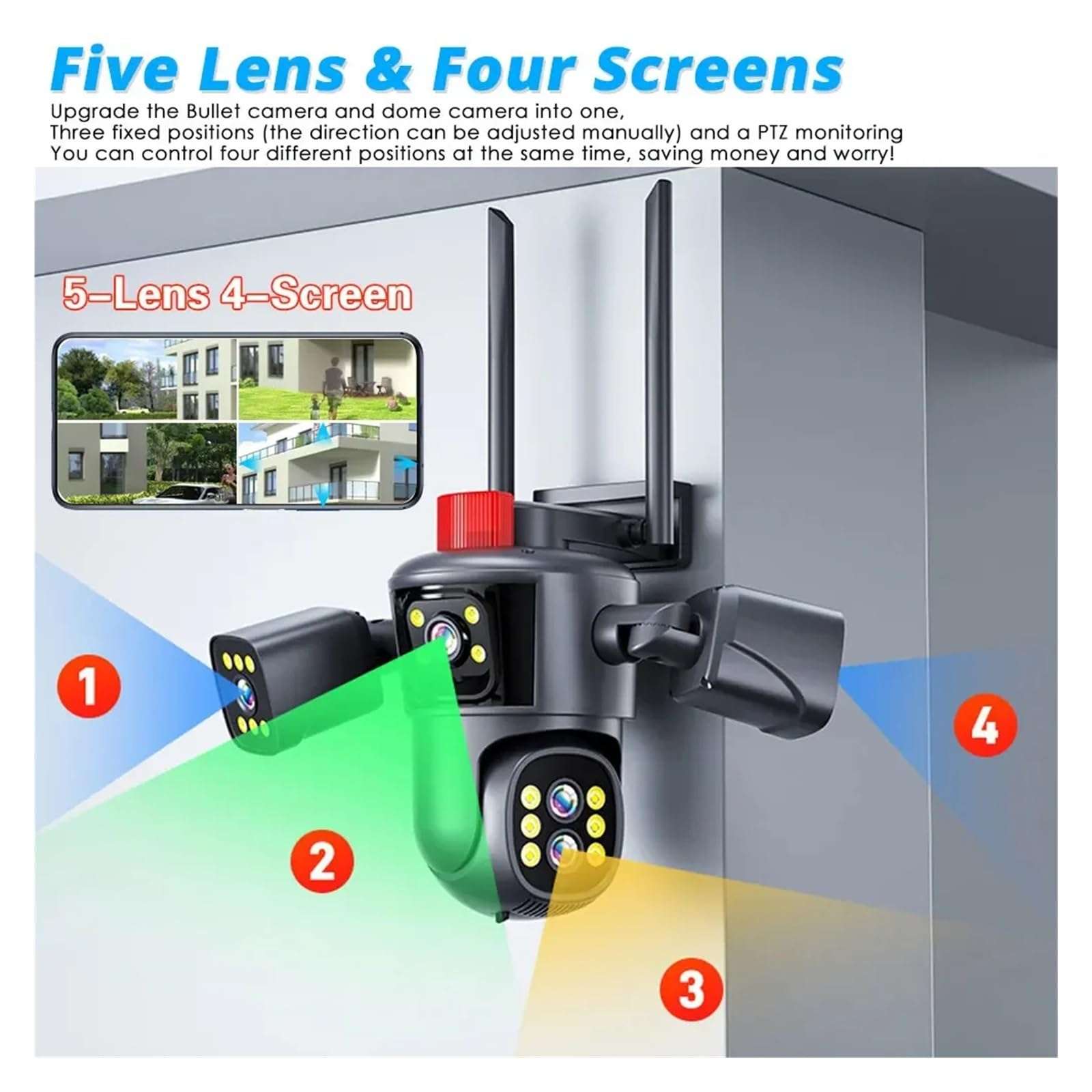 QDVOPHZA 10K 20MP Four Screens WiFi IP Camera Outdoor 10X Zoom 360°View PTZ Cam AI Tracking CCTV Video Surveillance Security Camera(A/U,10K 10XZoom Add 128G) 3