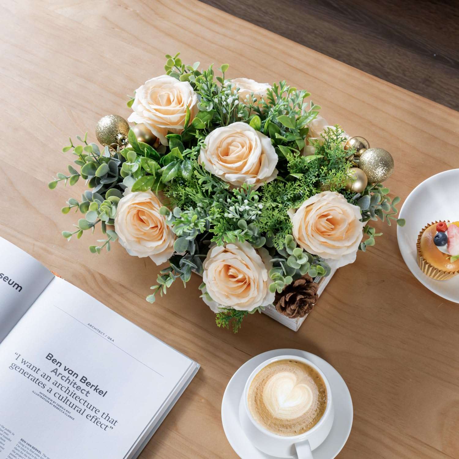 MyGift Artificial Champagne Rose Arrangement in Whitewashed Wood Box – 10.5" Faux Light Peach Flower Centerpiece with Greenery & Gold Accents for Wedding or Home Decor 5