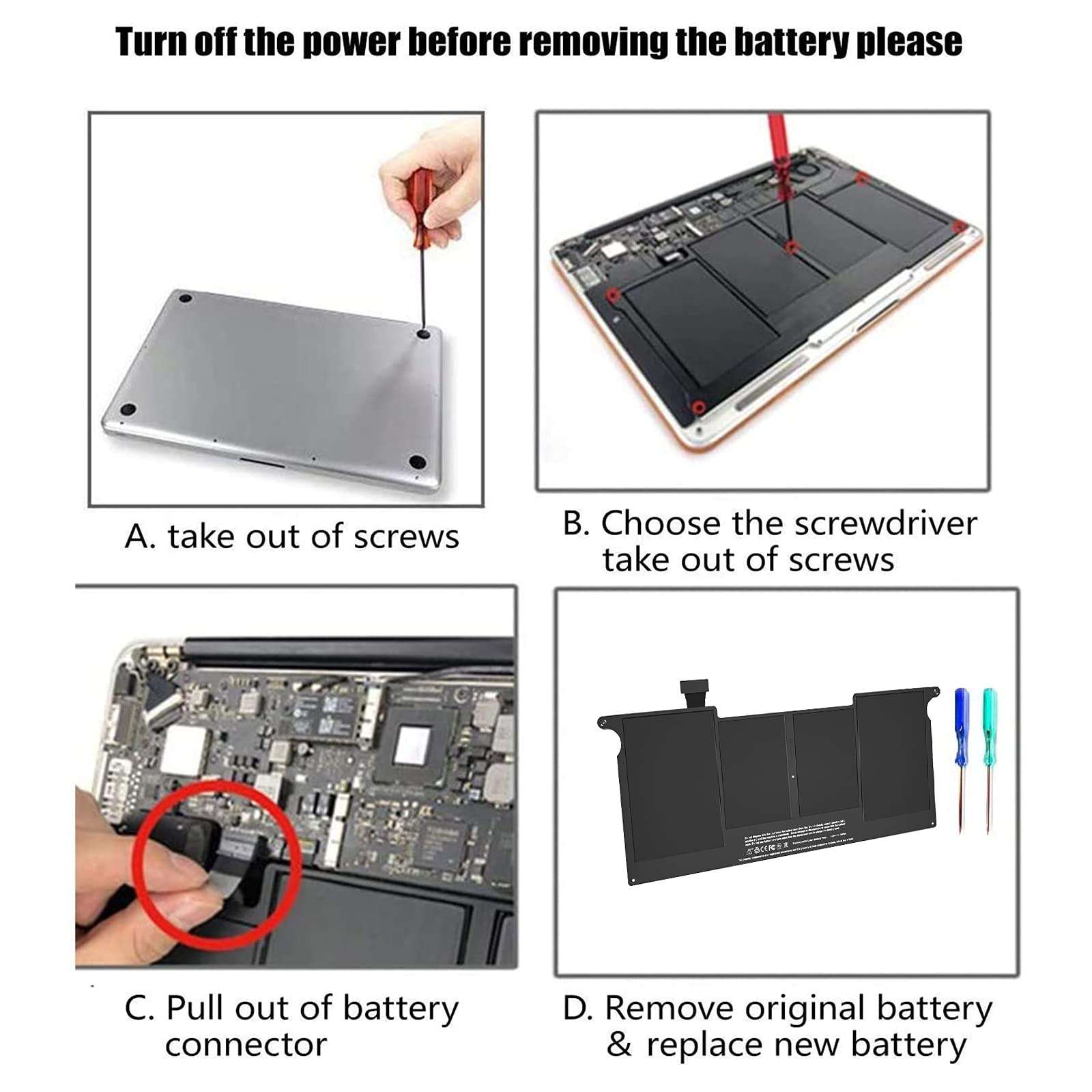 POWERWOO A1465 Battery, A1406 A1370 A1495 Replacement Battery for Laptop MacBook Air 11 inch (Mid 2011 2012 2013 Early 2014 2015 Version) - High Performation [39Wh/7.6V/5100mAh] 5