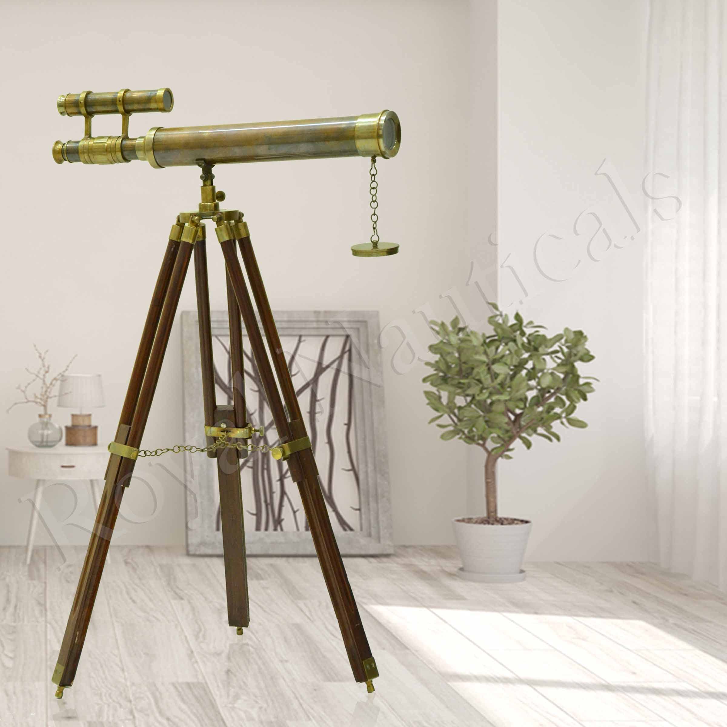 Nautical Antique Brass Foldable Handmade Telescope with Wooden Adjustable Tripod Stand with 8X Zoom Looks Like A Vintage Craft