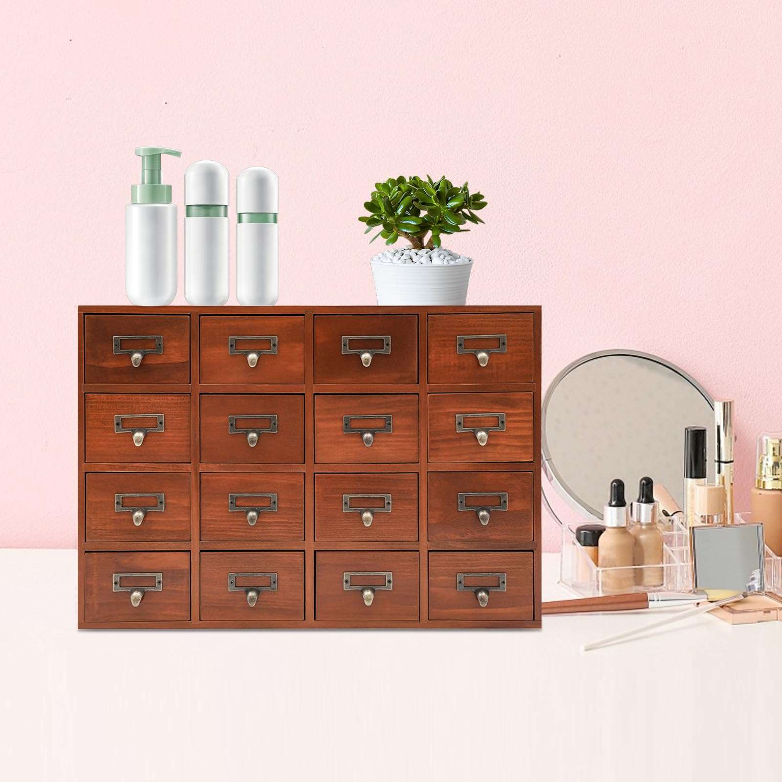 16-Drawer Wood Desk Organizer, Desktop Drawer Tabletop Storage Organization Box with Label Slot for Home Office Pharmacies, No Assembly Required, 19.69 * 3.94 * 13.78in 3