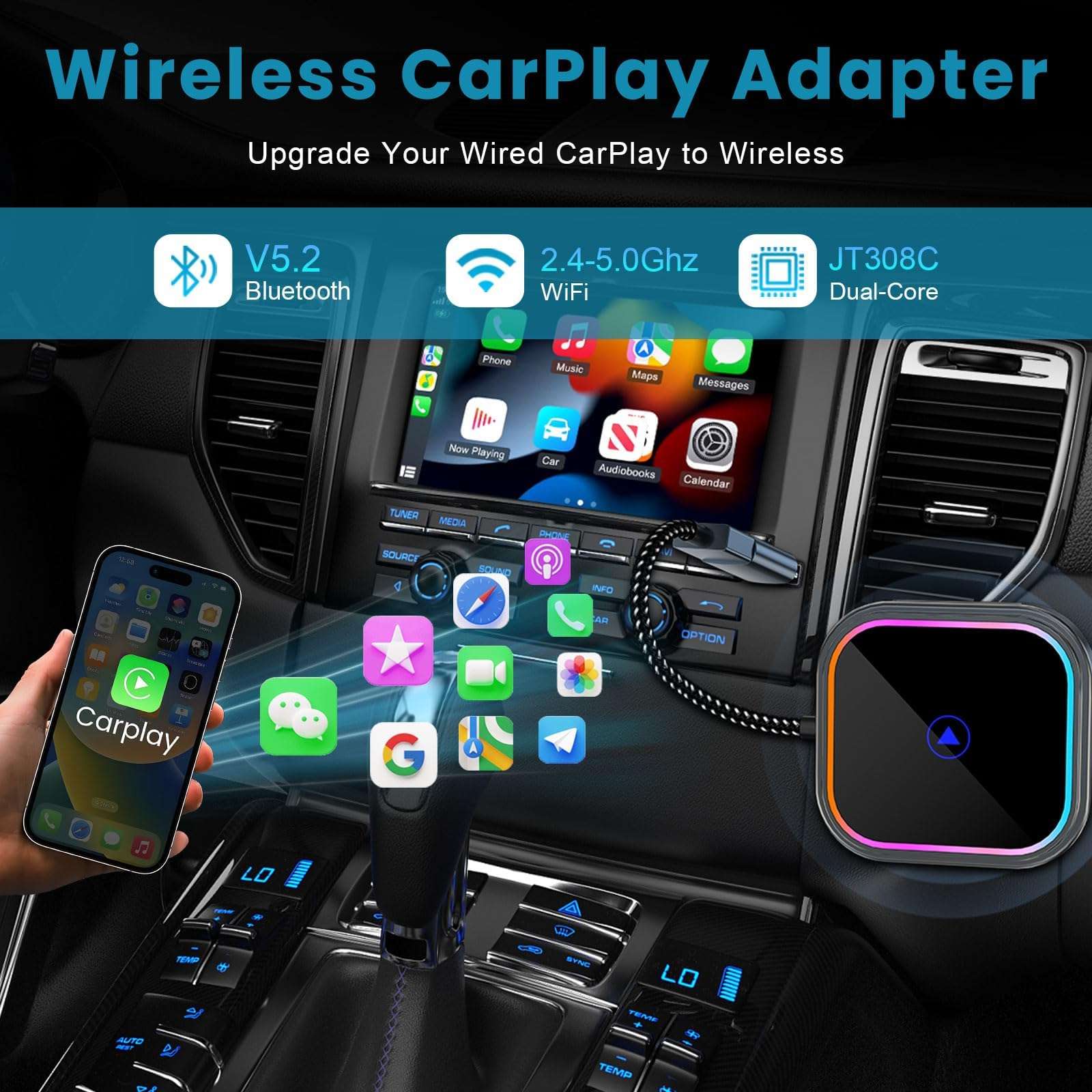Wireless Carplay Adapter for Apple iPhone iOS 10+/Android/Outo Built-in CarPlay Cars,Converts Wired to Wireless Dongle Cars for Wireless Control Plug & Play Carplay from 2017 iOS 10+ to Screen w/USB C 5