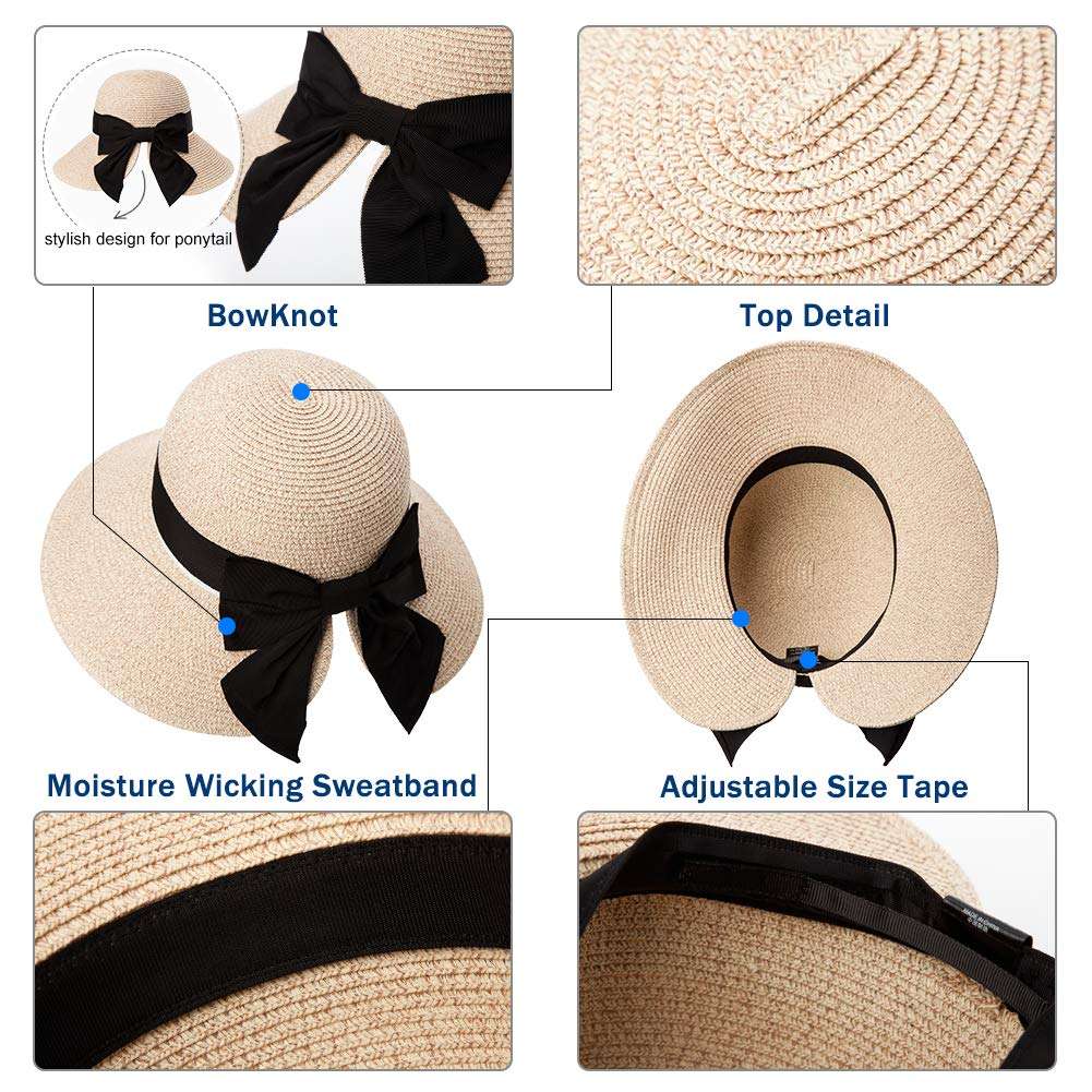 Comhats XL Sun Hat for Extra Large Head Womens Floppy Summer Beach Straw Wide Brim SPF 50 Foldable Beige 4