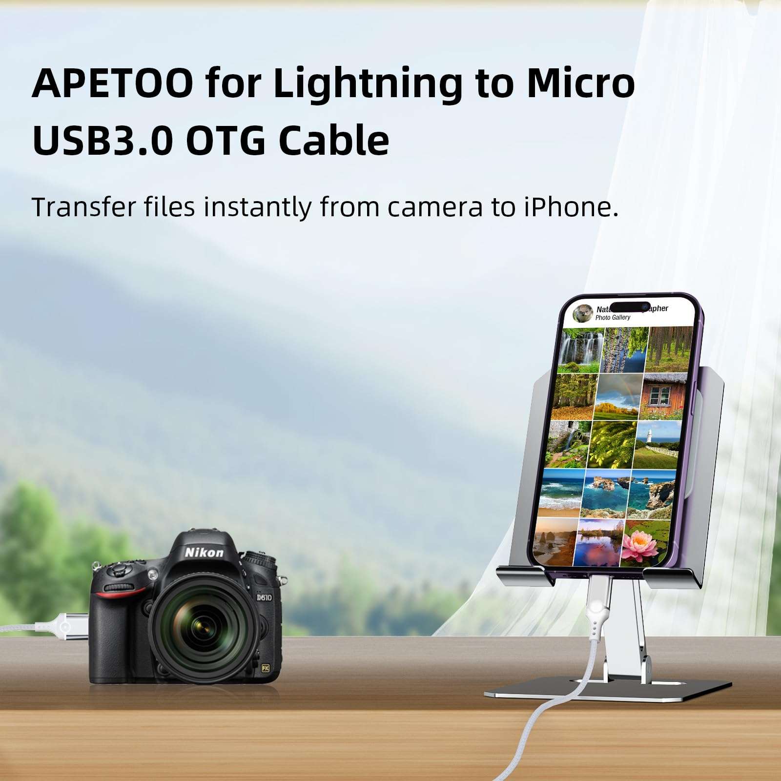 APAPATEK for Lightning to Micro B USB 3.0 OTG Cable for Camera Canon 5D/1DX2/1DC/7D2, Nikon D5/D8 Series, Fuji GFX50S/X-H1/X-T2. Import Photos, Videos for iPhone 14/13/12/11, 3.3ft - for Camera Only 4