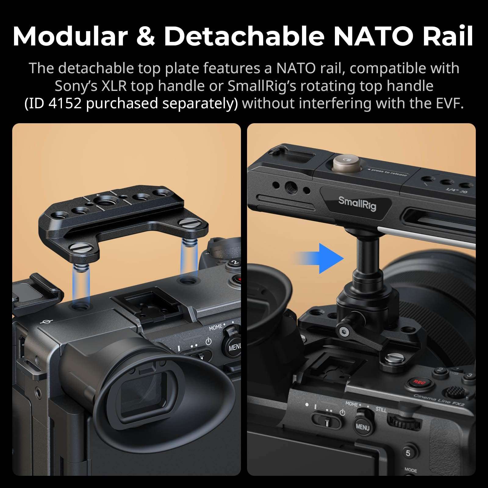 SmallRig Half Cage for Sony FX2, with Removable Top NATO Rail, Quick Release Plate for Arca, Modular Design Compatible with Original XLR Handle, for DJI RS 3 / RS 3 Pro/RS 4 / RS 4 Pro Gimbal - 5591 6