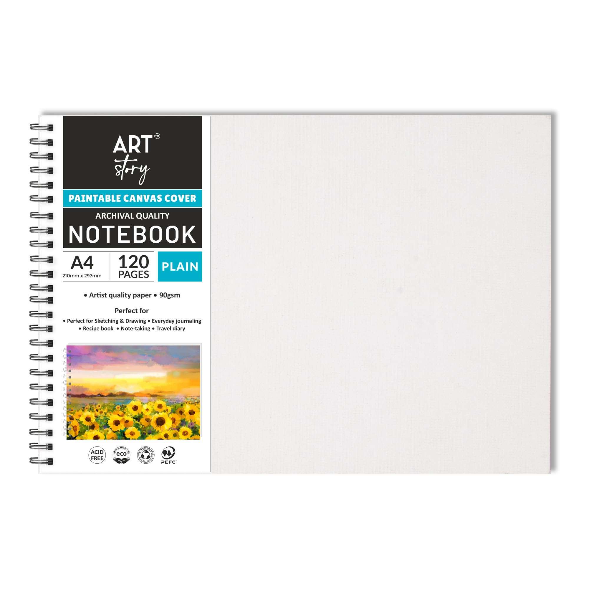 Little Birdie Art Story Paintable Canvas Wiro Bound Plain Notebook Landscape A4 90gsm 120 Pages|Notebook with Canvas Cover for DIY Painting and Decoration | For Professional & Hobby Artists, Beginners