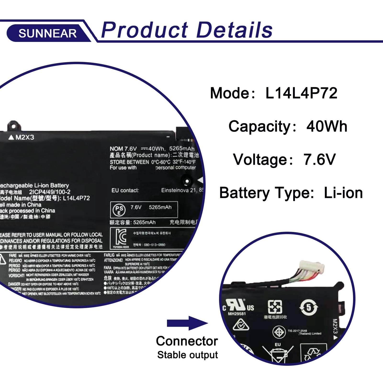 SUNNEAR L14L4P72 Battery Replacement for Lenovo Ideapad Yoga 700-11ISK Yoga 3-1170 Series Laptop 5B10K10215 5B10J46130 5B10K10176 5B10K10166 L14L4P71 L14M4P71 L14M4P73 7.6V 5265mAh 40Wh 2