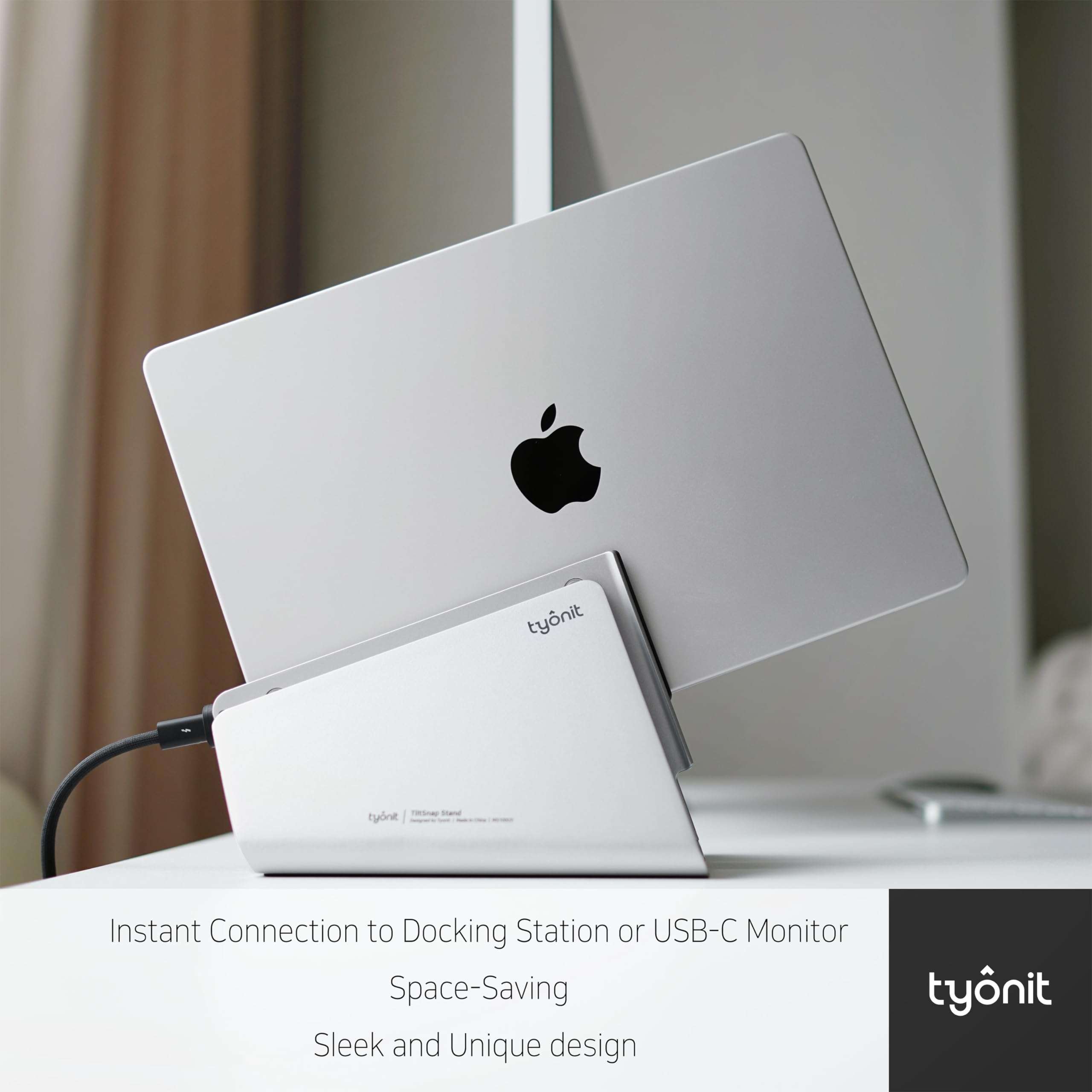 tyonit TiltSnap Vertical Laptop Stand for MacBook, Auto Thunderbolt4 USB-C Connection, Seamless Connection to The Docking Station or Display, 40Gbps, 100W PD (Silver, MacBook Pro 16" (M1/M2/M3)) 3