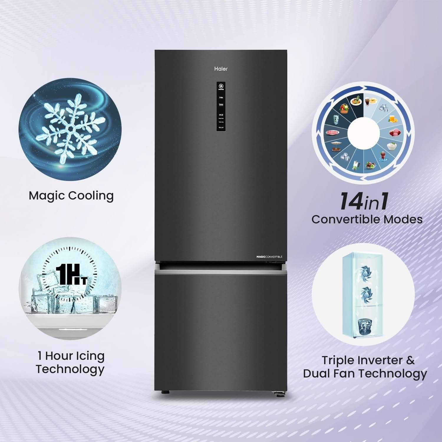 Haier 325 L 3 Star Frost Free Bottom Mount Double Door Refrigerator|Convertible 14-in-1|Jhukna Mat-Bottom Freezer|Digital Display Panel|Triple Inverter|Twist Ice Maker (HEB-333GB-P, Graphite Black) 3
