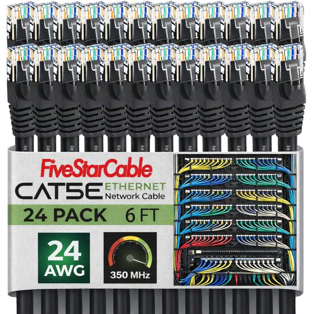 FiveStarCable 24 Pack Snagless Short Cat 5e Ethernet Cable - 6 Ft, High-Speed Internet Network Cable, PoE, RJ45 Connector, Gigabit LAN Patch Cord for Router, Modem, PC, Gaming, Smart TV, PS5, Black 1