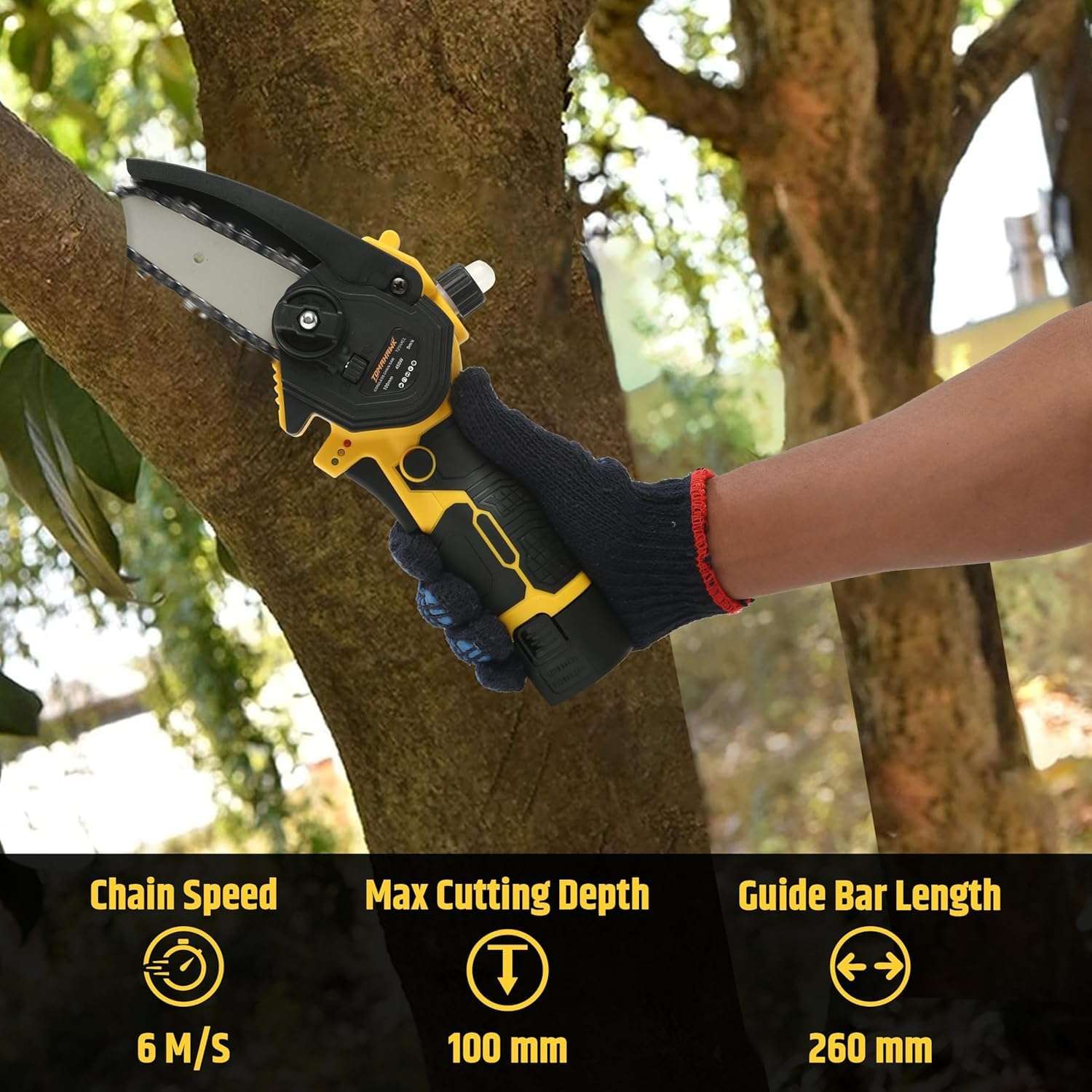TOMAHAWK® T294A 4 inch/ 10cm Cordless Chainsaw Machine 4-inch | 550W Max Power, 12 Volt - 1.5Ah Rechargeable Battery | Cutting Depth 100mm | Portable Cordless Saw for Gardening, Wood Cutting, Trimming 3