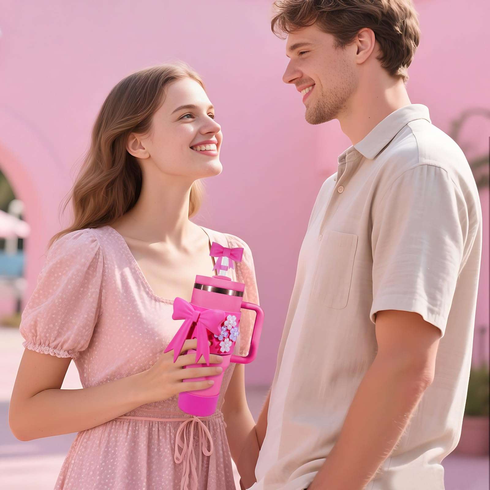 Miglaja Accessories for Stanley Cup 40OZ, Silicone Bow Set Contains Bows Straw Cover, Holey Cups Cover，Cup Boot, Flower Charms and Big Bow(Fuchsia) 5