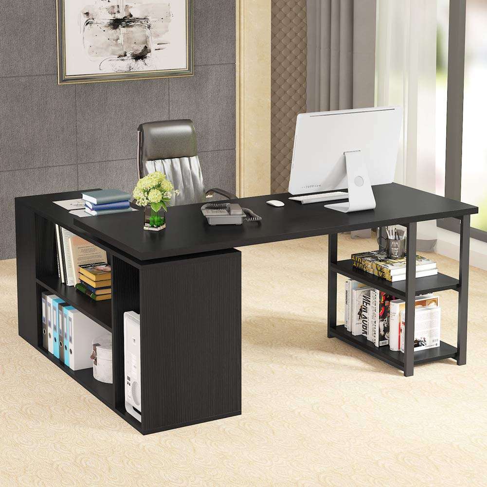 Tribesigns L-Shaped Computer Desk, Rotating Corner Computer Desk with Bookcase and File Cabinet, Reversible L Shaped Office Desk for Home Office (Black) 3