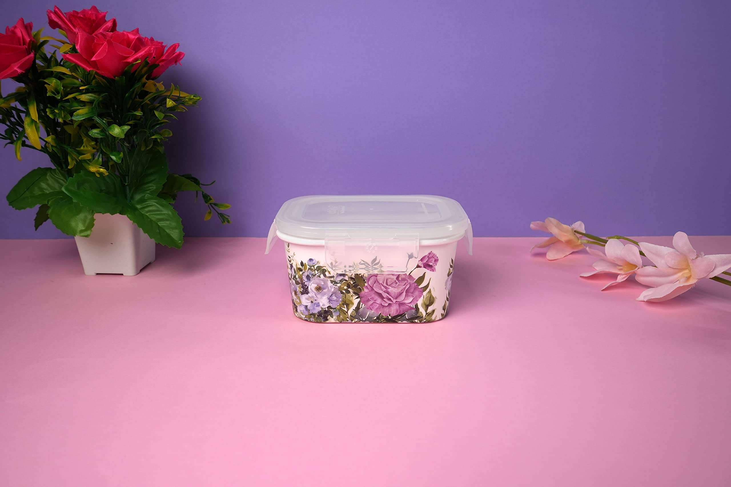 EKTRA Bloom Field Store N Safe Rectangle Midi Shape Melamine Storage Jar and Containers Leak Proof Food Locking Storage with Lid, For Kitchen Grocery Multipurpose Storage Set of 4 pcs (900 ml each) 3