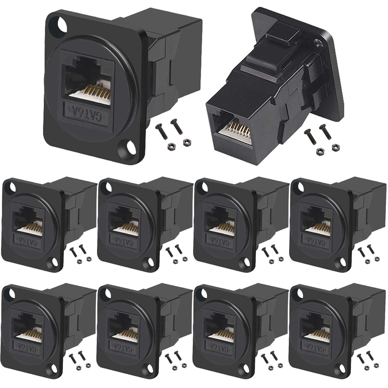 PENGLIN 10PCS D-Type CAT6A Panel Mount Connector, RJ45 Pass-Through Connector Female to Female, RJ45 Ethernet LAN Network Coupler for CAT6a/CAT6/CAT5E/CAT5