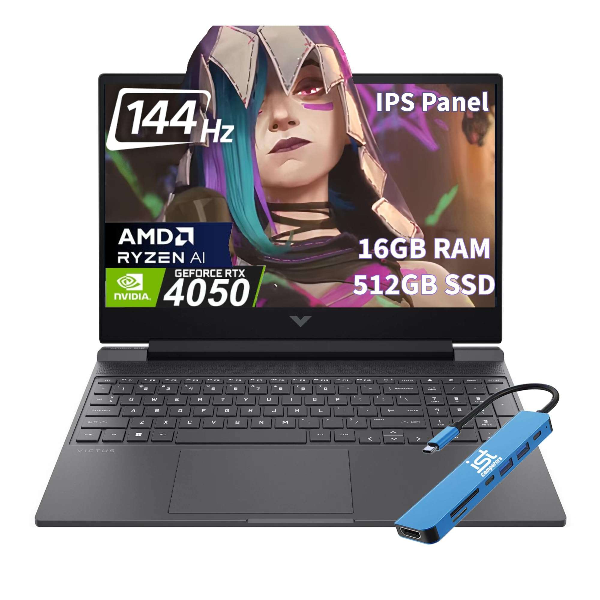 HP Victus 15 Gaming Laptop, 15.6" IPS 144Hz FHD (AMD Ryzen 5 8645HS (> i5-13500H), NVIDIA RTX 4050 6GB, 16GB DDR5 RAM, 512GB SSD) Backlit, Wi-Fi 6, Webcam, Ethernet, IST 7-in-1 Hub, Win 11 Home 1