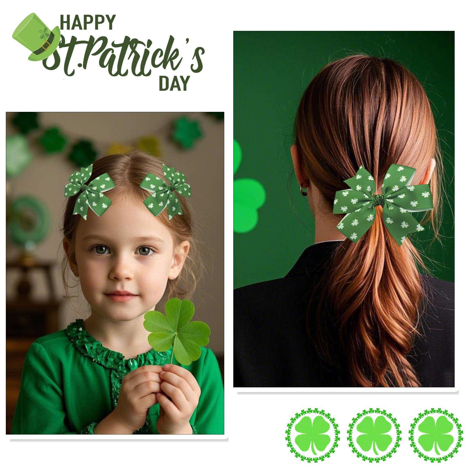 St. Patrick's Day Hair Bows Clips Shamrock Hair Bows Alligator Claw Clips for Kids Hair Pins for Kids Irish St. Patrick's Day Hair Clips Clover Hair Accessories for Kids Girls Women 2 Packs 6