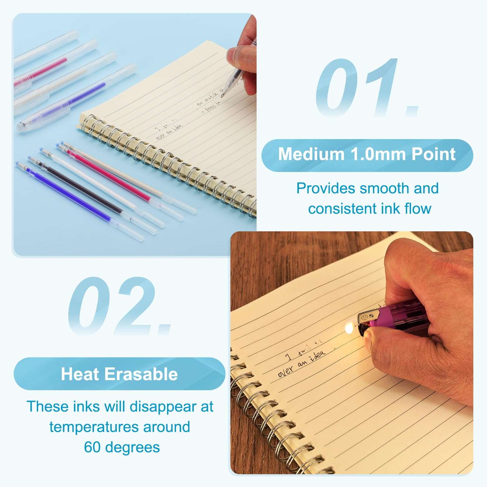 PATIKIL 10Pcs Erasable Gel Pens Refills, 1mm Heat Erasable Pens for Fabric Disappearing Ink Pen Fabric Markers for Sewing Quilting Planner Writing, Blue Ink 4