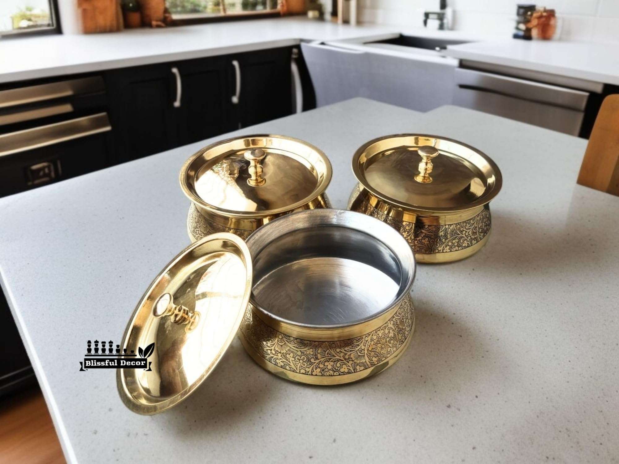 Blissful Decor Brass Kitchen Cooking Serving Pot |Biryani Handi|Embossed Design Casserole With Lid For Decoration Tableware, Home, Hotel, Restaurant Donga, (680 GMS each Capacity 1000 Ml) set of -3 3