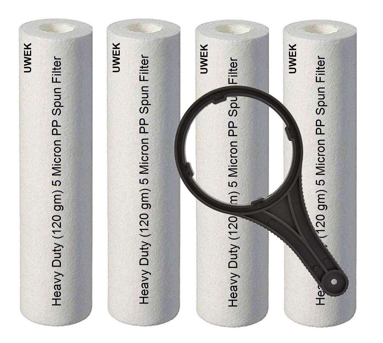 UWEK 5 Micron 10" inch PP Spun pre Filter, Heavy Duty 120 gm with Spanner (4+1) Suitable for RO Water Purifier (Pack of 5 item)