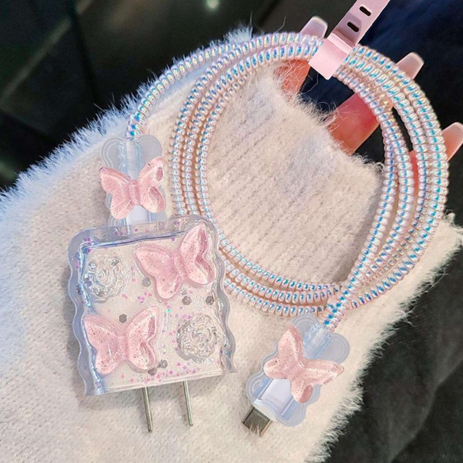 Seanai 5in1 18W/20W Charger Case Compatible with Apple 20W Power Adapters, Lovely Charger Cover & Cable Protector for iPhone Pro Max & MacBook Neo 13 Inch Charging Cables, Pink Crystal Butterfly