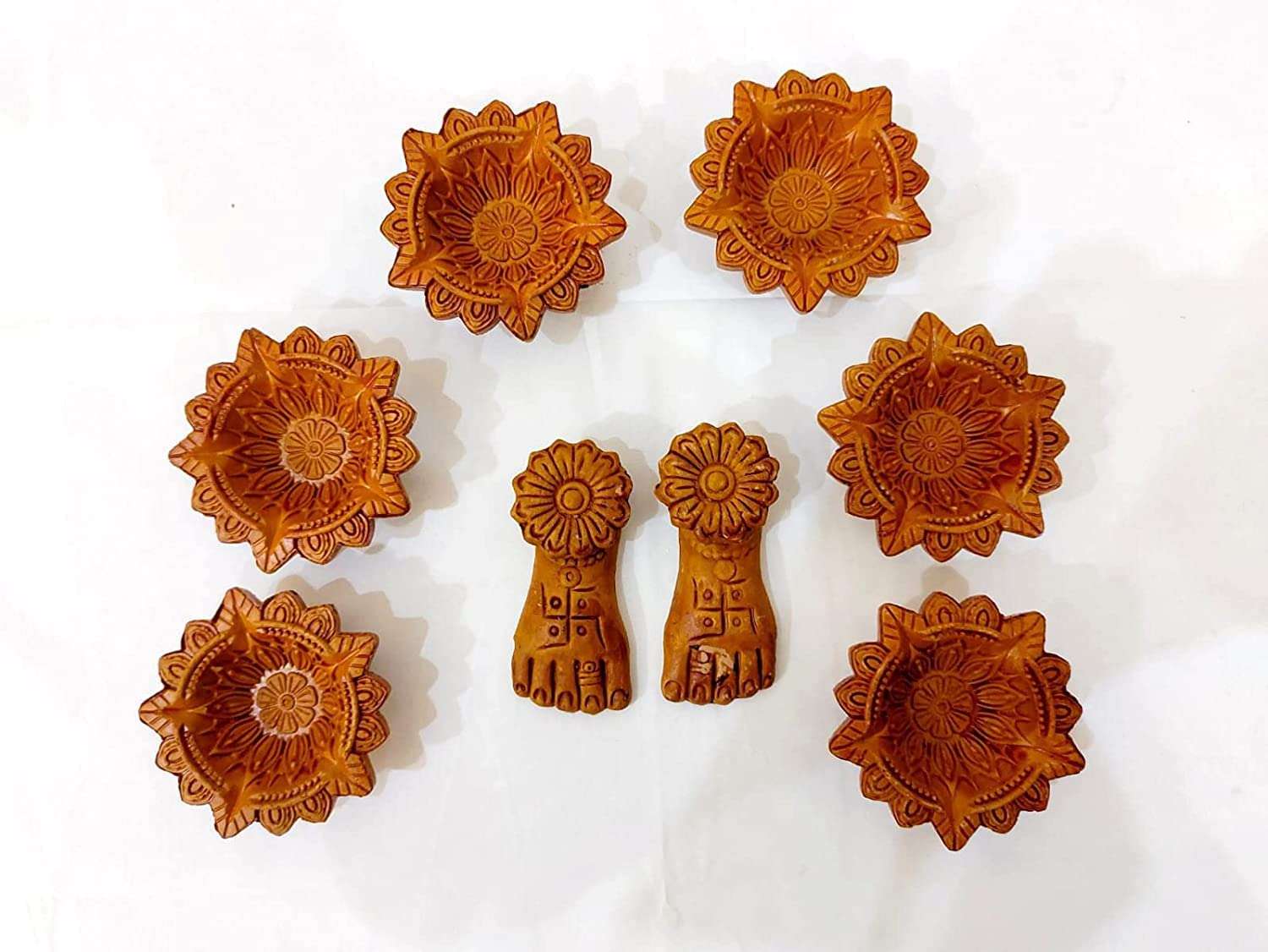 New Inning Associates Clay Earthenware Decorative Handcrafted 2 Pair Laxmi ji charan with Diya Pack of 7 3