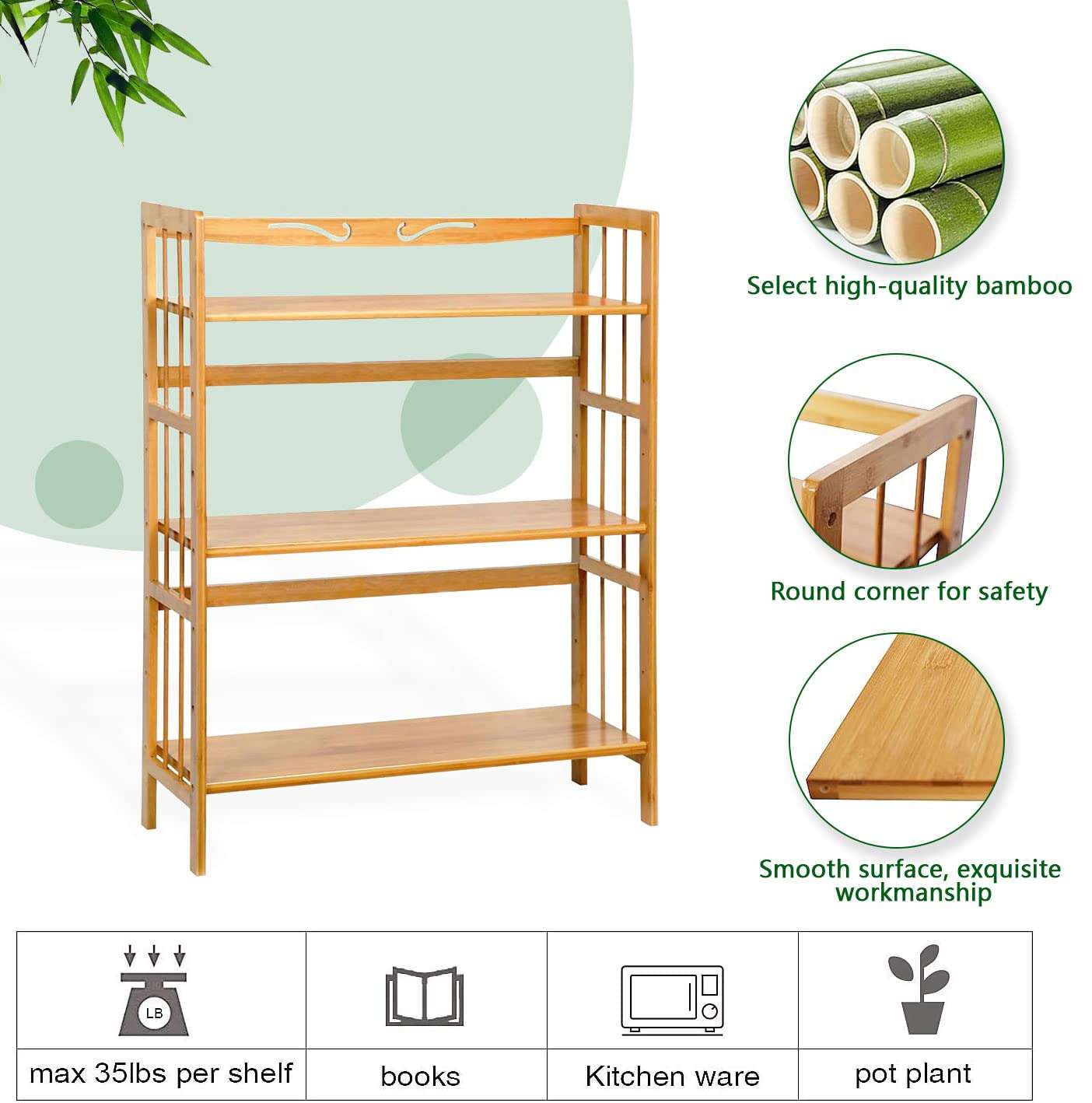 C&AHOME Bamboo Shelf, 3-Tier Bookcase, Free-Standing Storage, Plant Stand, Max Load 35LBS Per Shelf, Utility Rack for Living Room, Bathroom, Kitchen, Home, Natural 3