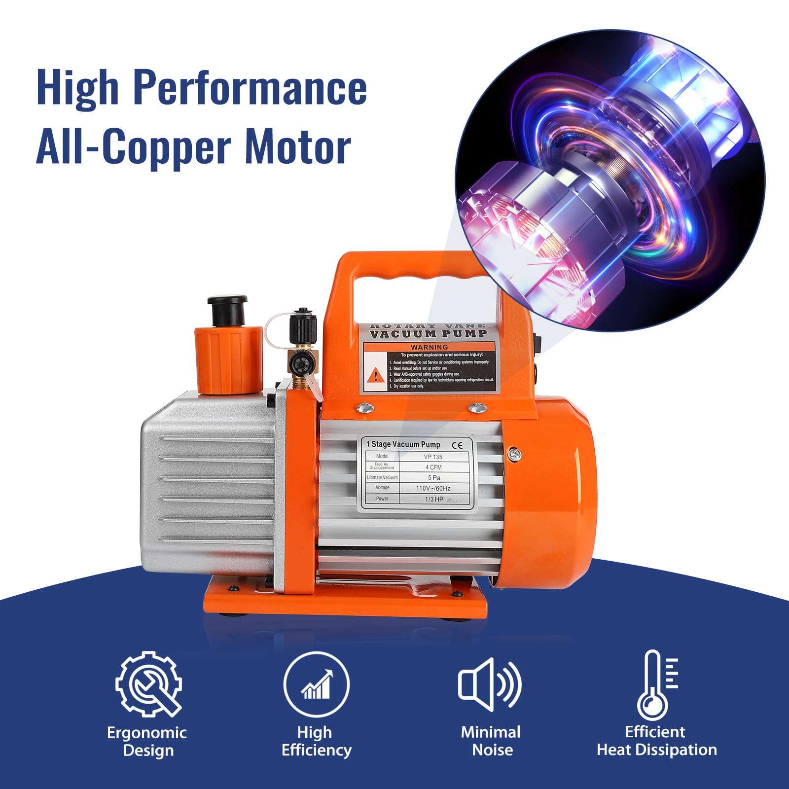 GARVEE 110V 1/3 HP 4CFM Single Stage Rotary Vane Air Vacuum Pump and R134a AC Manifold Gauge Set Kit with Carry Bag for HVAC Air Conditioning Refrigeration Recharging ETL Listed 6