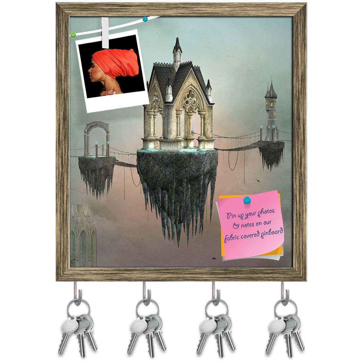 ArtzFolio Fantasy Village D1 Bulletin Notice Pin Board | Vision Soft Board | Inbuilt Key Holder Hooks | Antique Golden Frame 10 x 11.1 inch (25 x 28 cms) 1