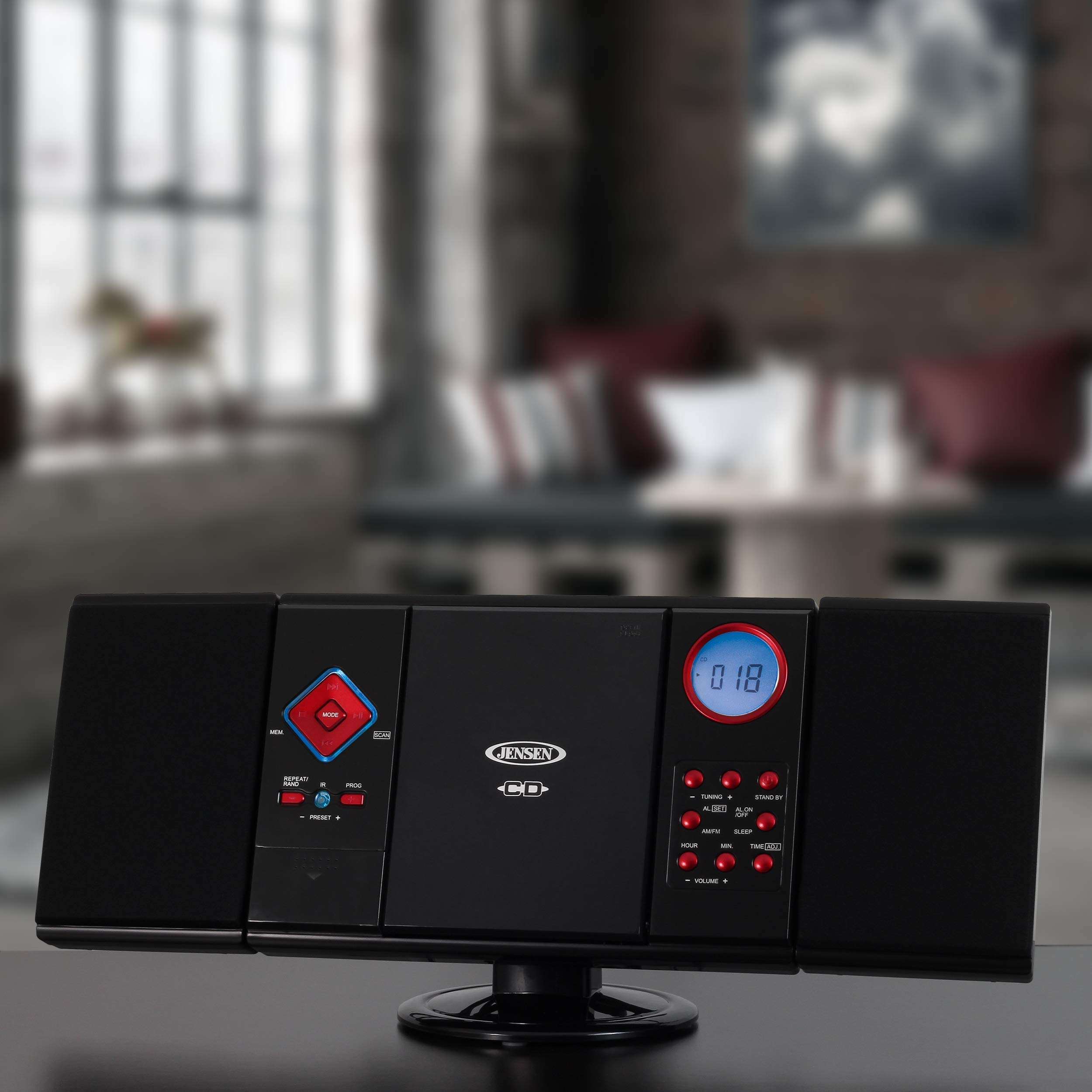 Jensen Modern Black Series JMC-180 Red Wall Mountable Vertical Loading CD Music System, Digital AM/FM Stereo with Speakers, Aux-in, & Headphone Jack Remote Control (Red) 2
