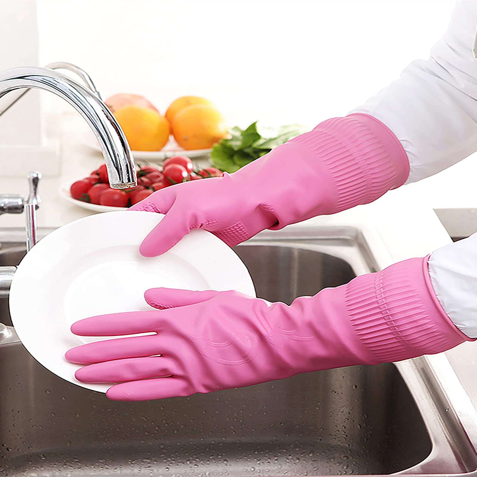 Cleaning Rubber Gloves,Reusable Dishwashing Gloves for Housework, Kichen, Bathroom (Pink(1 pair),S) 3