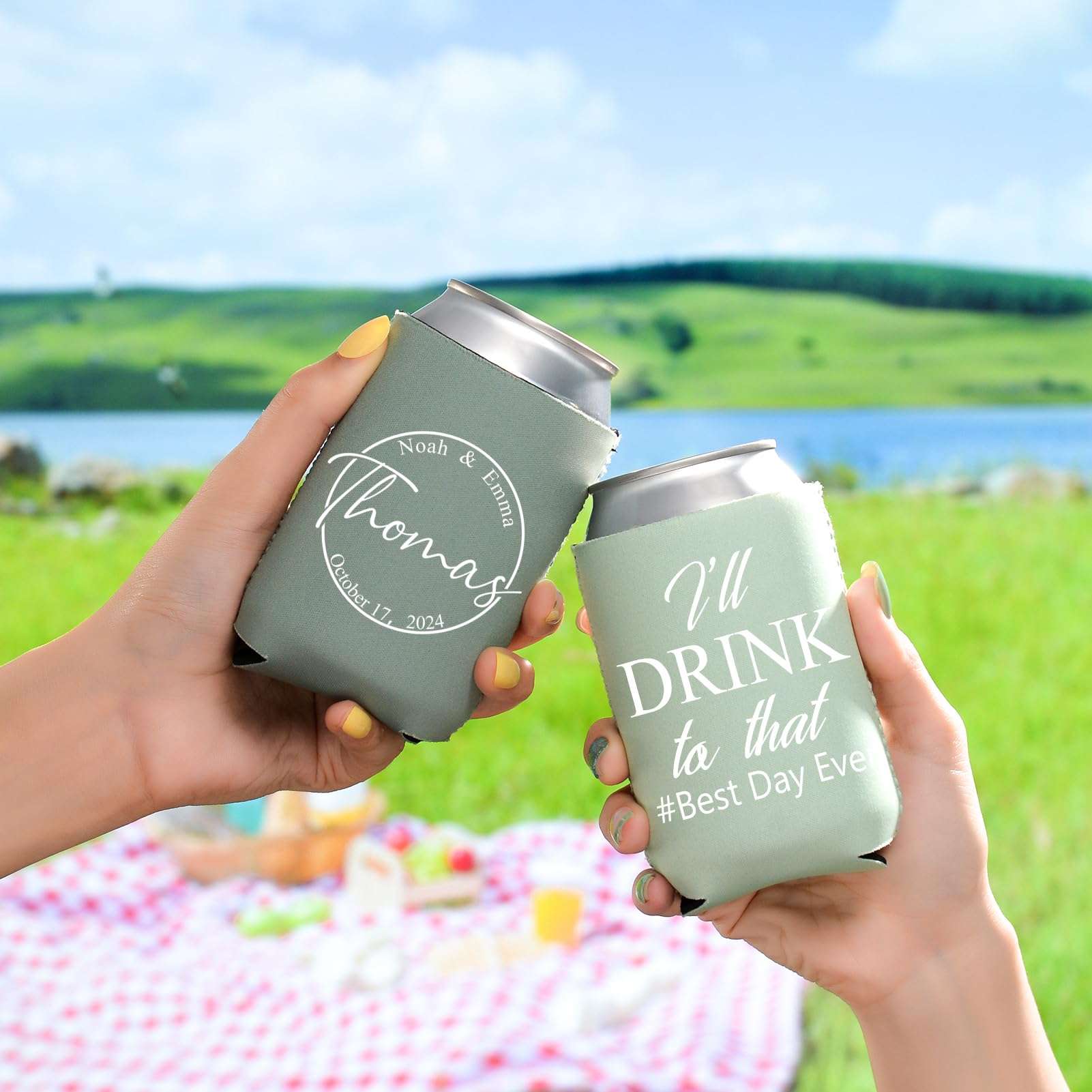 SPETYORT Custom Can Coolers Sleeves 50 Pack, Bulk Personalized Insulated Neoprene Can Drink Holder with Logo Image Text, Collapsible Can Sleeve Beer Coolers for Wedding Birthday Party 6