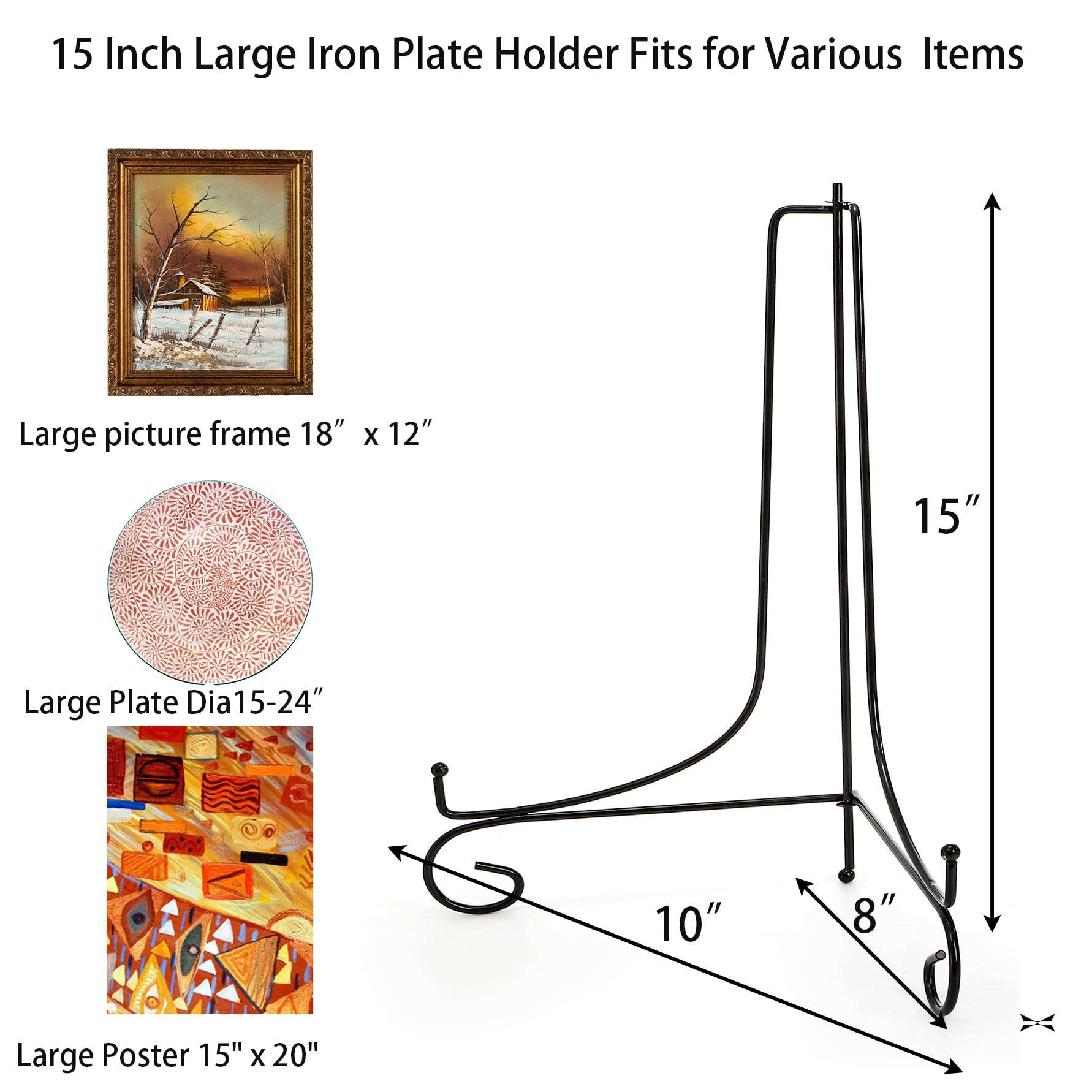 Jucoan 2 Pack 15 Inch Iron Display Stand, Large Black Easel Plate Holder Stand for Displaying Pictures Frame, Plates, Books Arts, Home Decor 2