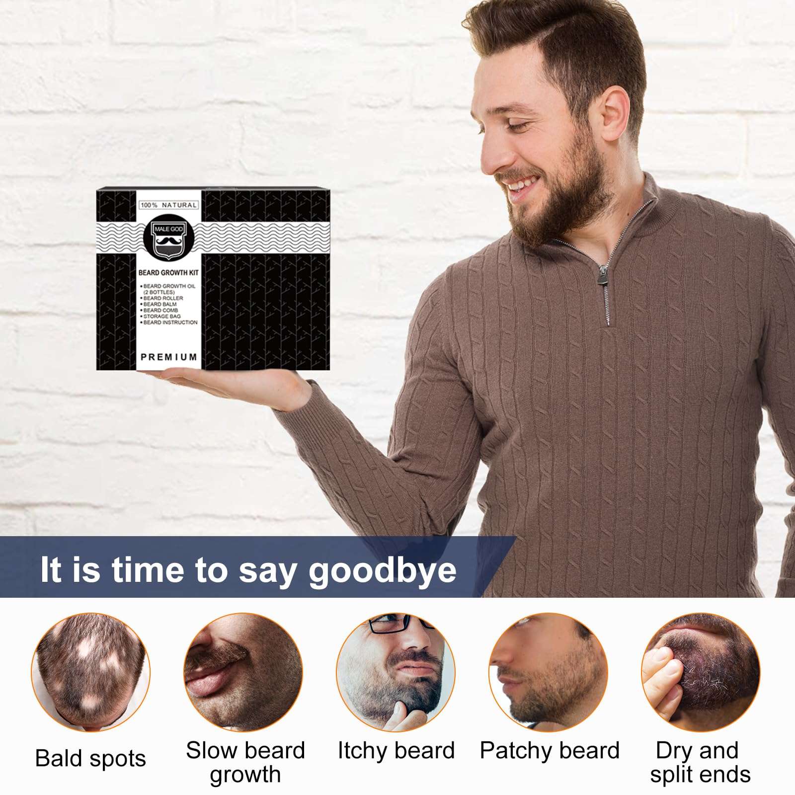 MALE GOD Beard Growth Kit, Beard Kit W/Beard Growth Oil (2 Bottles), Beard Balm, Beard Comb, Massager for Spot/Patchy Beard, Christmas Gifts for Men Him Boyfriend Husband 5