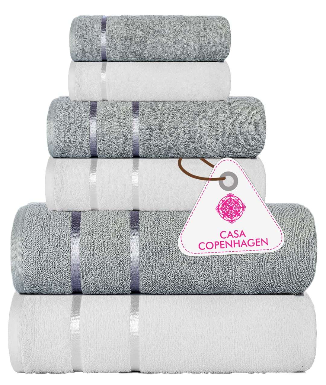 Casa Copenhagen Denmark Design - Eternal Premium Collection 100% Cotton 6 Piece Towel Set, Includes 2 Bath Towels 2 Hand Towels 2 Washcloths - Grey & White 1