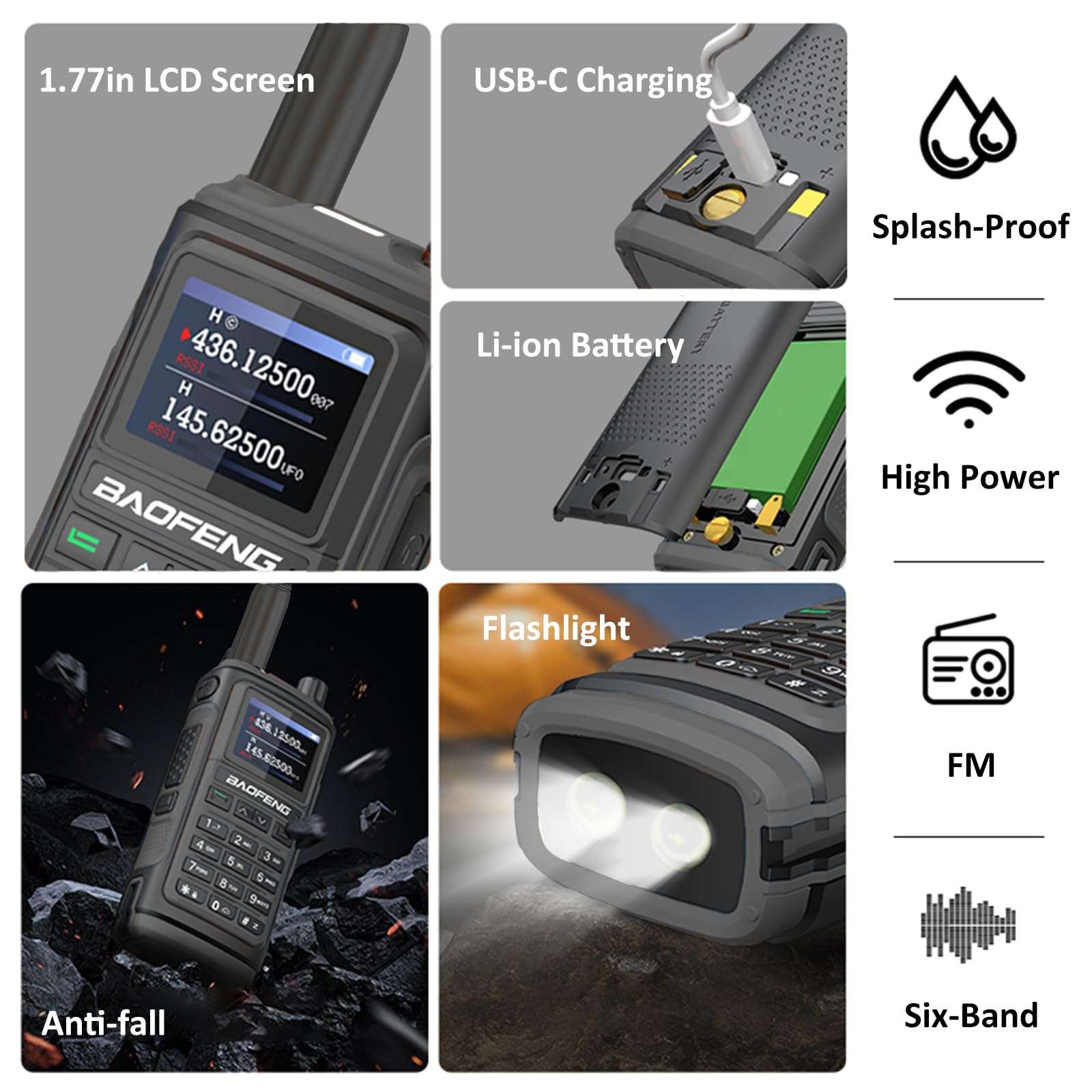 BAOFENG UV-17H GPS Two Way Radio Type-C Charging High Power Radio UV-17 Pro Max GPS 1.77in LCD Screen Rechargable Ham Radio (Black) 6