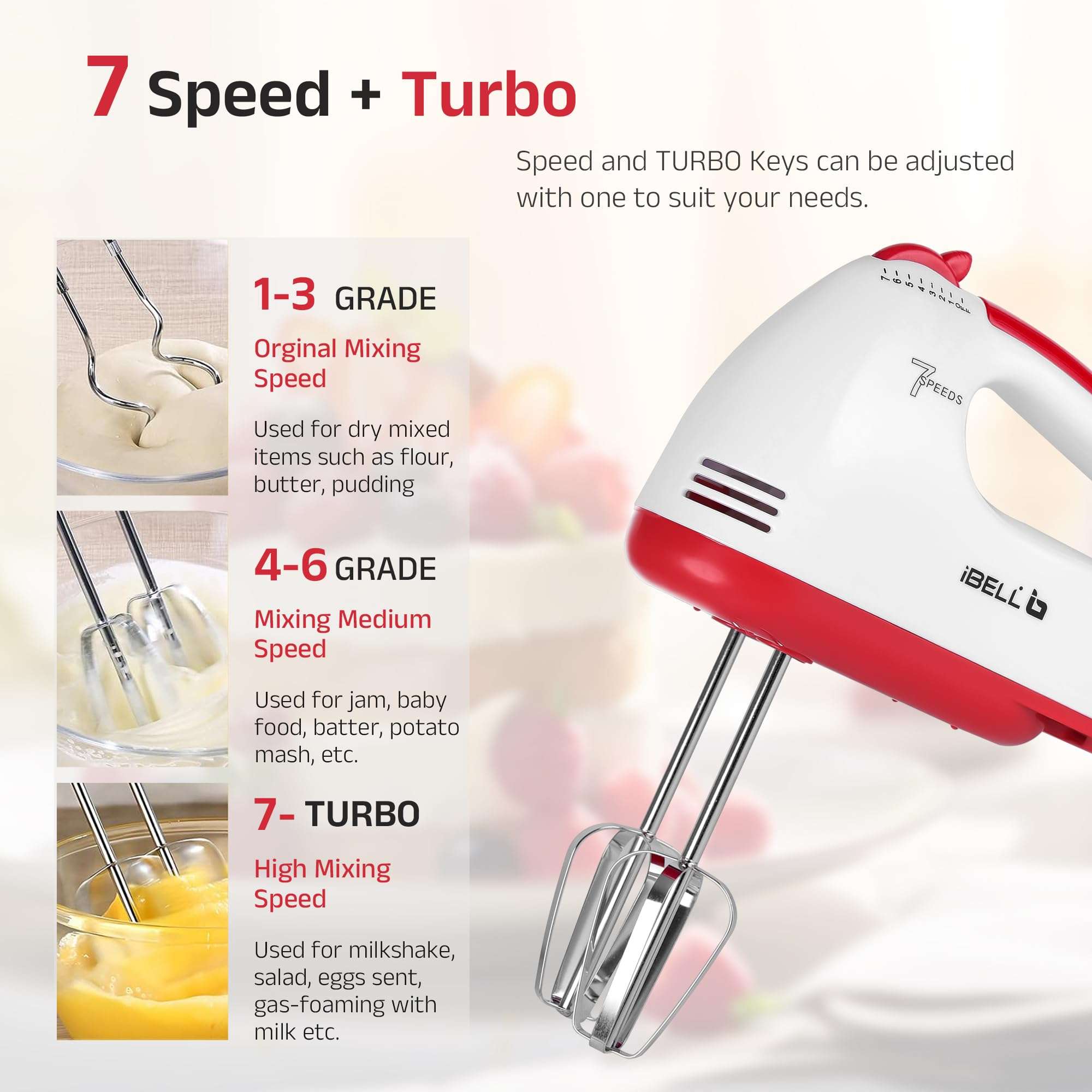 iBELL WHISK280 Hand Mixer, 280W, 7 Speed Control Plus Turbo, Beater/Blender/Electric Cream Maker for Cakes, stainless, Dough Hooks (White) 4