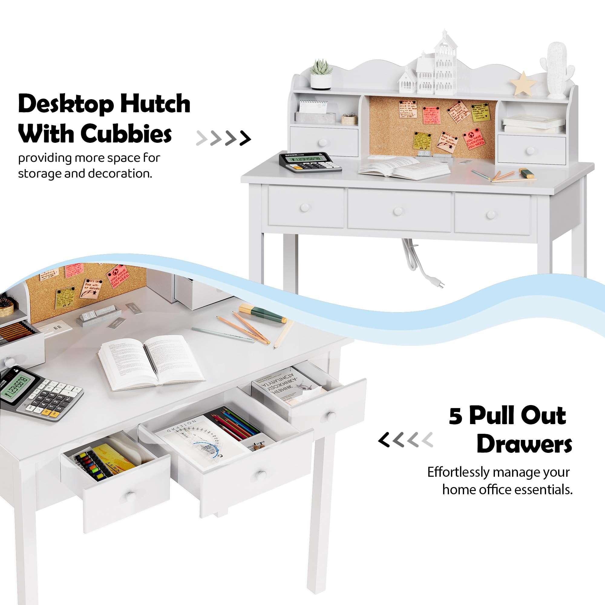 Home Office Furniture Writing Desk, 36 Inch Computer Work Station with Detachable Hutch for Small Place, 5 Drawers(White) 5