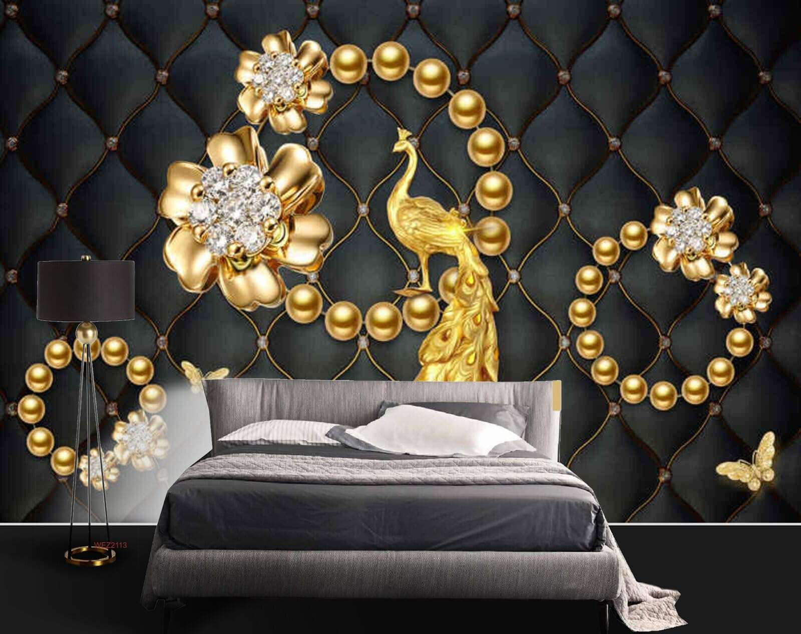 Wall26 - WEZ2113 Designed Flower Ivory Jewellery Pearls Peacock Butterfly Flowers Peacock Beautiful HD 3D Wall Sticker[7 ft x 6 ft] / [213 cm x 183 cm] 4