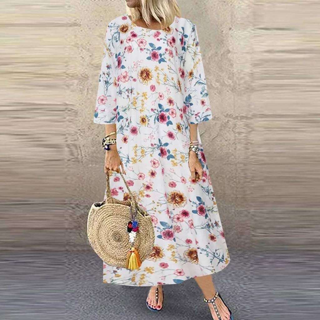 Women Retro Dress Summer Casual Loose Sleeveless O-Neck Floral Print Dress Plus Size Boho Long Maxi Dress 2