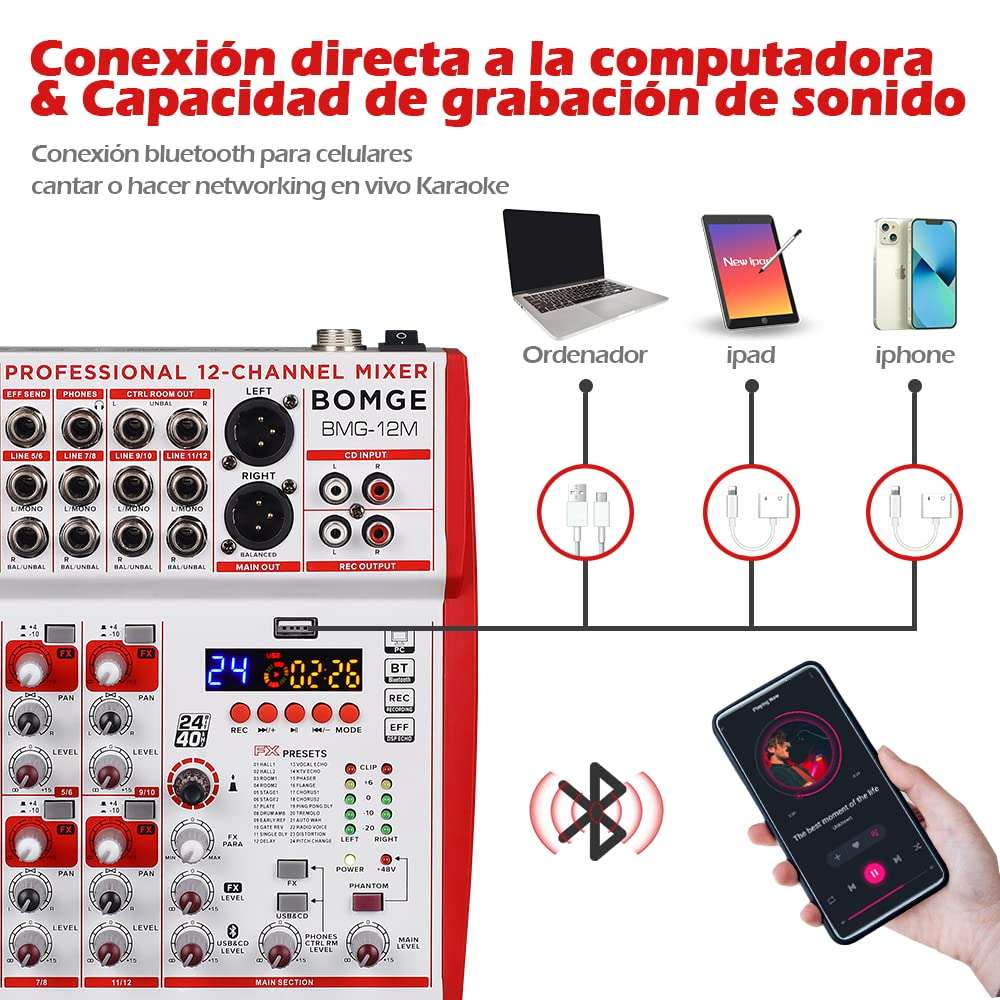 BOMGE 12-Input sound board Mixer with Mic Preamps and Compressors, 24DSP, bluetooth,48V Power,British EQ and USB/Audio Interface fro recording, karaoke and podcast. (12M-12 Channel) 2