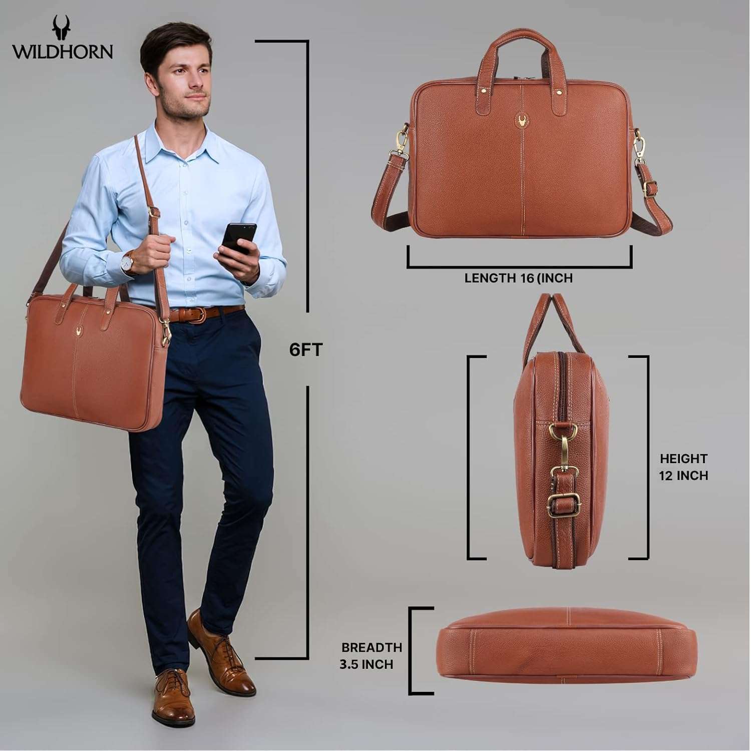 WildHorn Leather Laptop Bag for Men/Office Bag for Men | Fits Upto 15.6 Inch Laptop/MacBook | Laptop Messenger Bag/Leather Bag for Men I Dimension : L-16 inch W-3.5 inch H-12 inch (Tan) 3