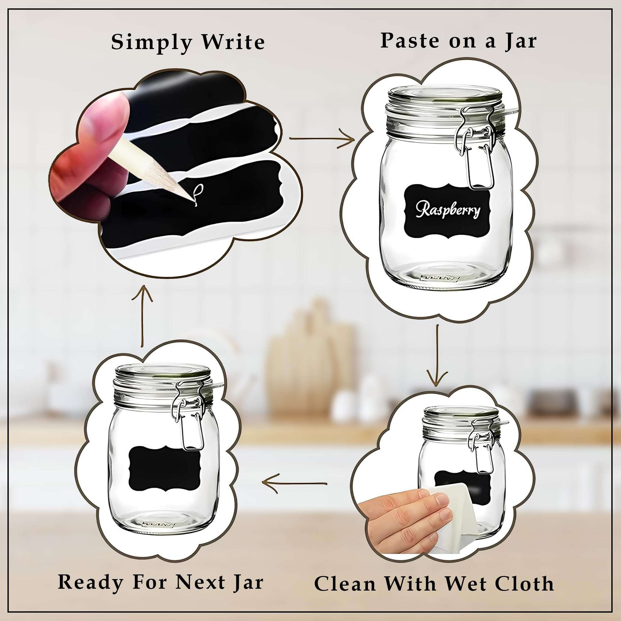 GLUN 100 Piece Waterproof Vinyl Black Labels Stickers for Mason Jar Glass & Plastic Bottles, 100 Labels Piece Stickers with 1 Piece White Pencil, Self-Adhesive Spice 4