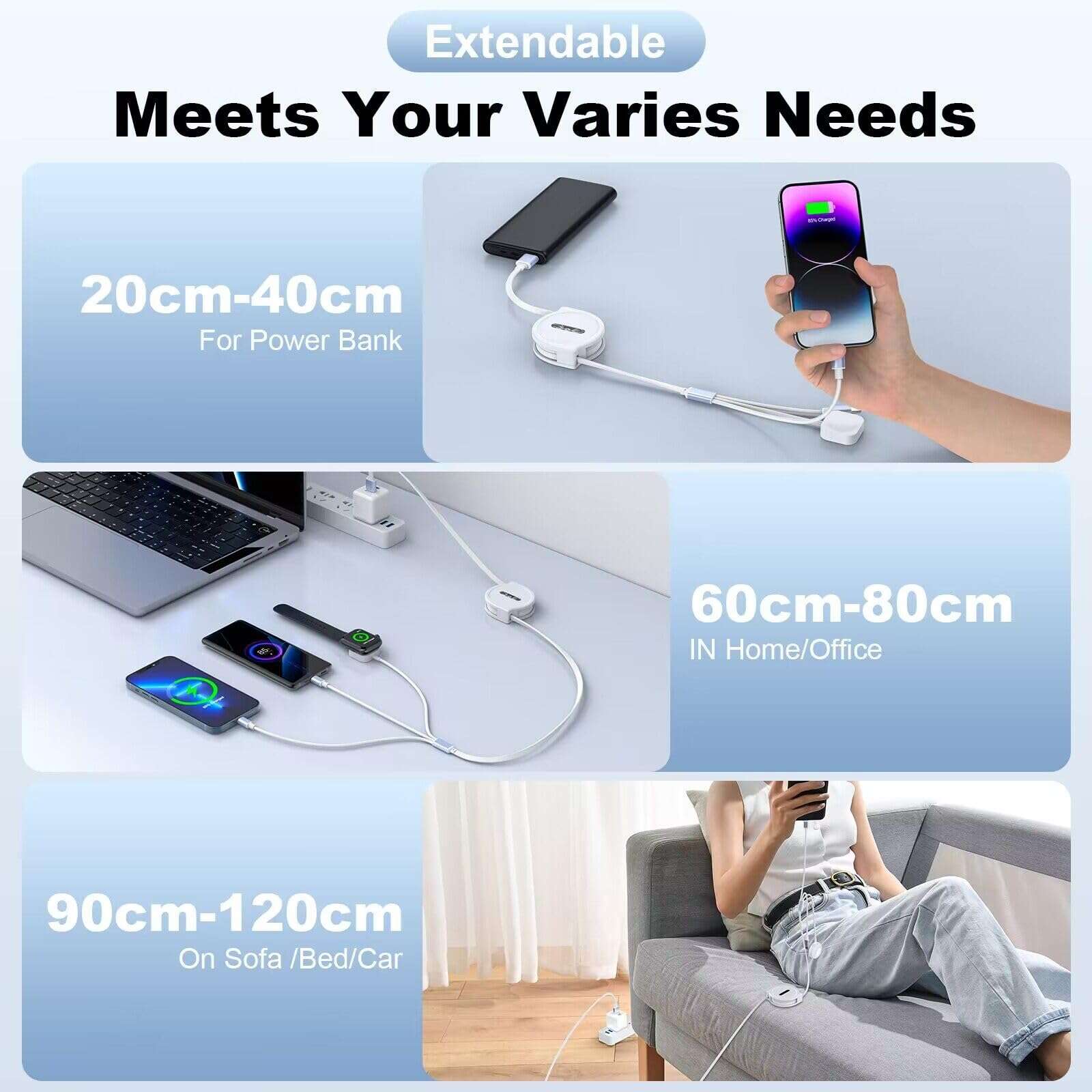 2 Pack Retractable iWatch Charger Cable for Car, 3 in 1 Retractable Apple Watch Charger Cable, Multi Apple Watch Charging Cable for iWatch Series 9 8 7 6 5 4 3 2 1 SE Ultra, iPhone & iPad Series 6