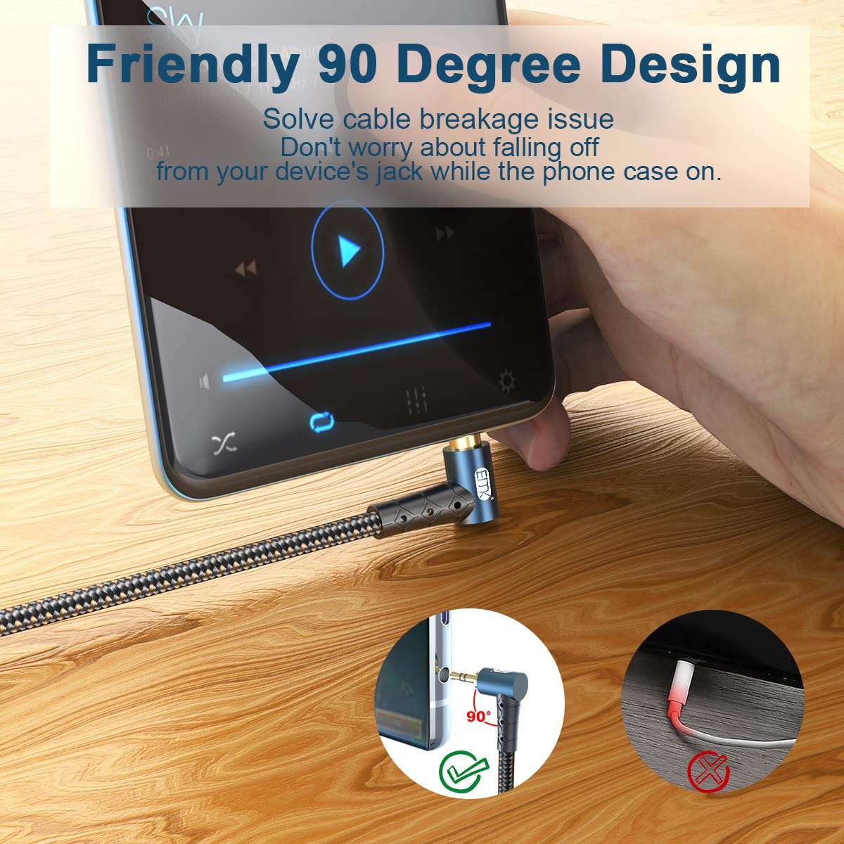 EMK 90 Degree Aux Cable 3.5 mm Auxiliary Cord Male to Male Stereo Aux Cable for Car 24K Gold Plated Hi-Fi Sound Quality Nylon Braided for Laptop Phone Tablet MP3 Player Stereo Speaker (50ft/15m) 2