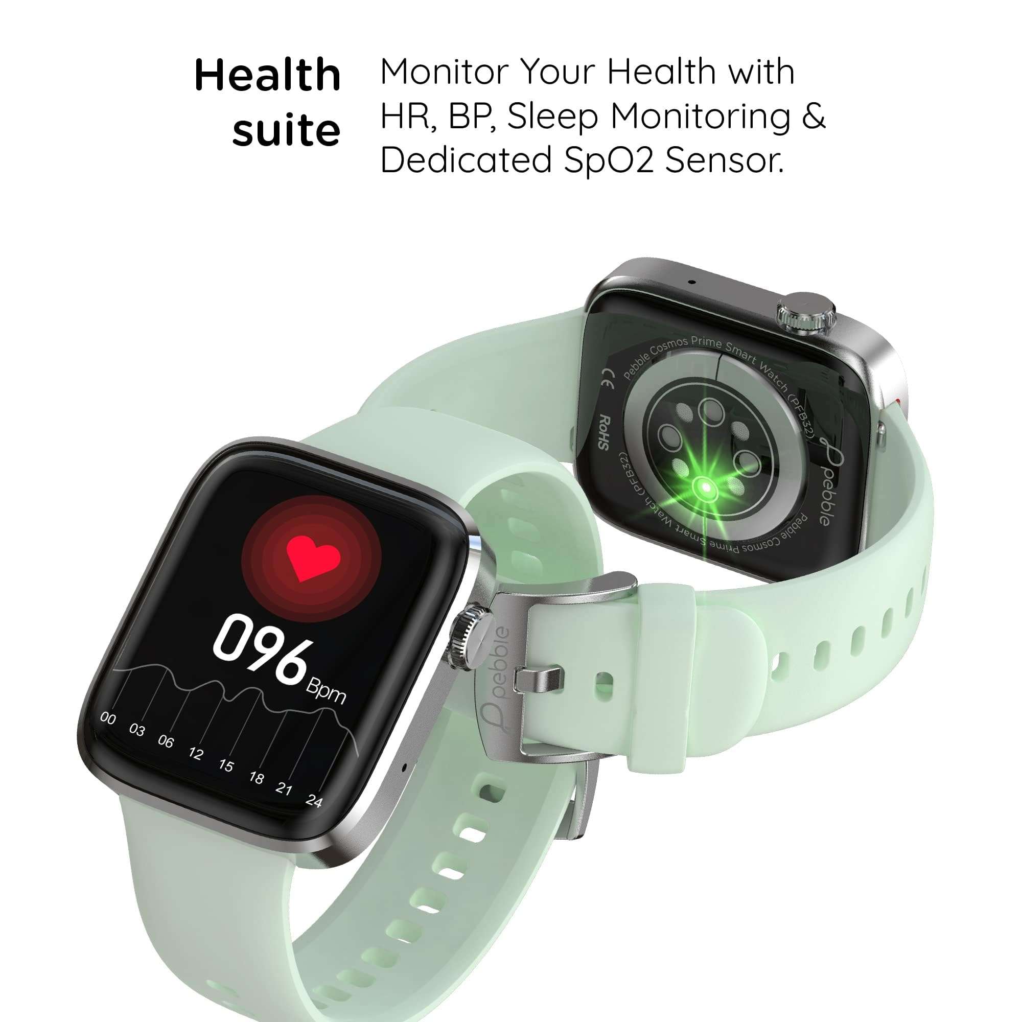 Pebble Newly Launched Cosmos Prime Bluetooth Calling Smart Watch,Largest 1.91" Bezel-Less Edge-to-Edge Display,600 Nits Brightness, Sleek Metallic Body, Wireless Charging, Health Suite (Mint Green) 6