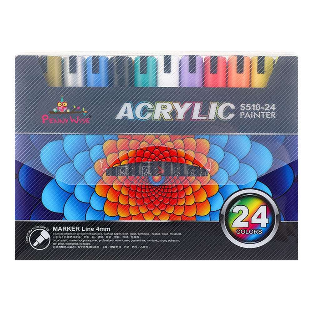 PennyWise® Acrylic Paint Markers Waterproof Permanent Art DIY Pens, 4 MM Tip, Ideal For Painting, Drawing, Stenciling, Etching, Stamping. (Set Of 24 Shades) 1