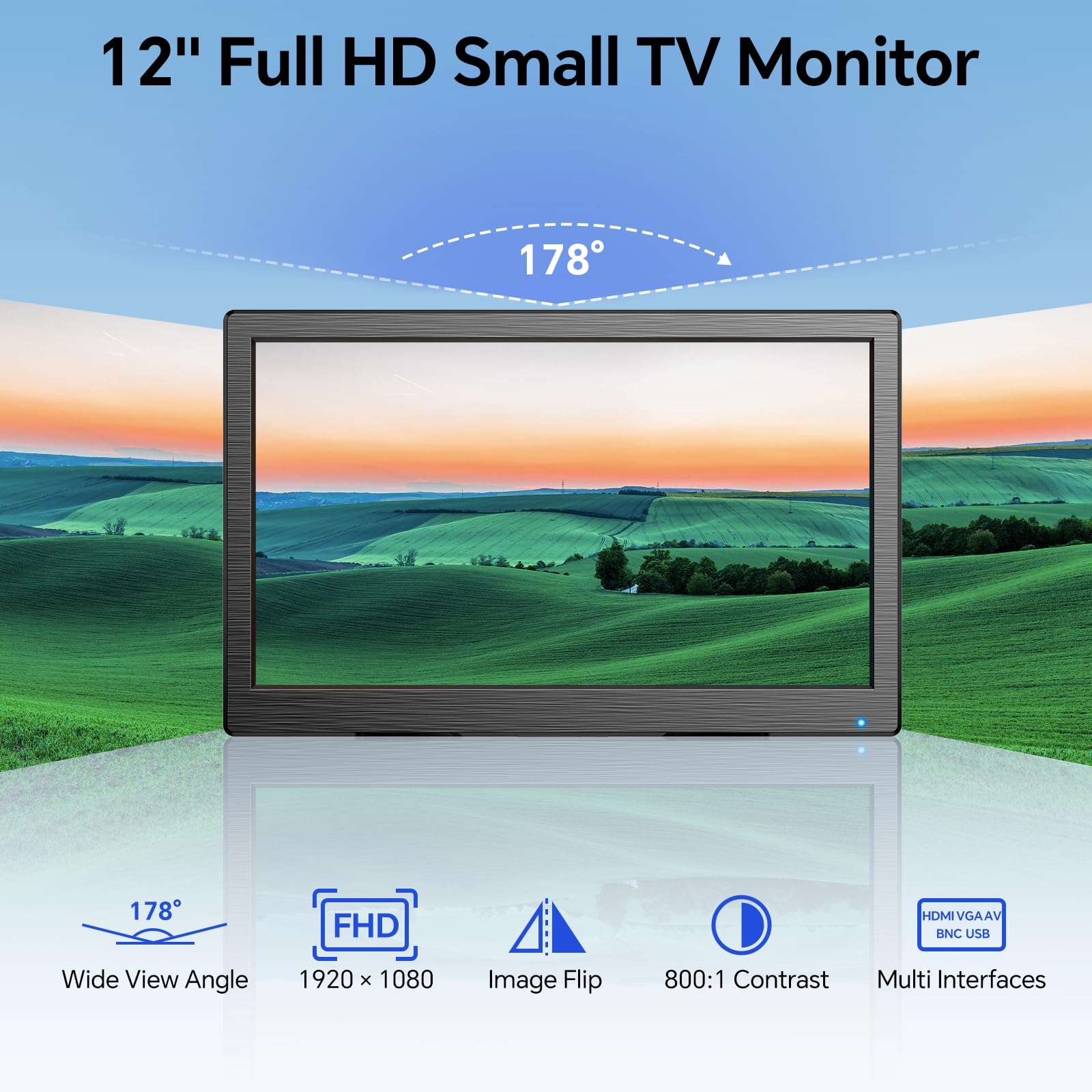 Eyoyo CCTV Monitor 12 Inch Small Computer Monitor 1920x1080P Mini LED Monitor Display with HDMI VGA AV BNC USB Ports IPS Screen Security Monitor Built in Speaker for Home Office 3